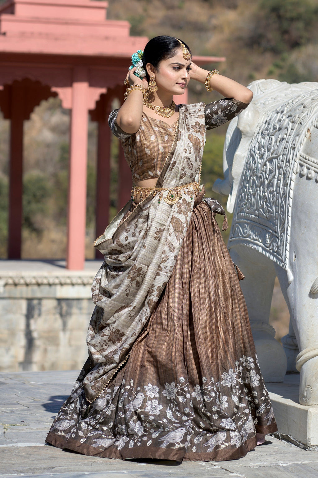 Vedant Vastram Fully Printed Pure Manipuri Silk Lehenga Choli With Blouse & Dupatta - Brown