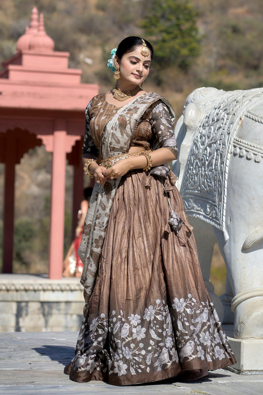 Vedant Vastram Fully Printed Pure Manipuri Silk Lehenga Choli With Blouse & Dupatta - Brown