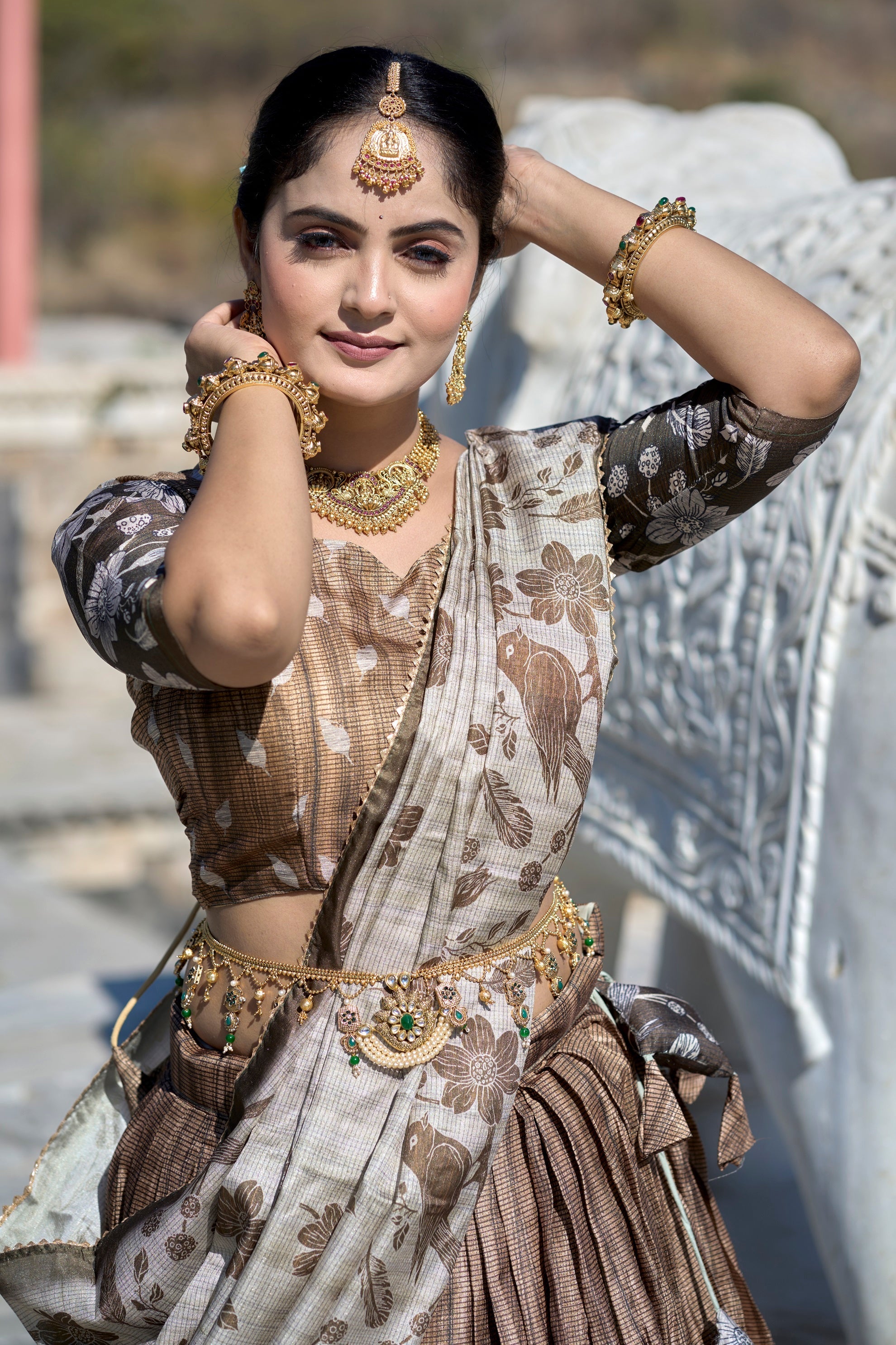 Vedant Vastram Fully Printed Pure Manipuri Silk Lehenga Choli With Blouse & Dupatta - Brown