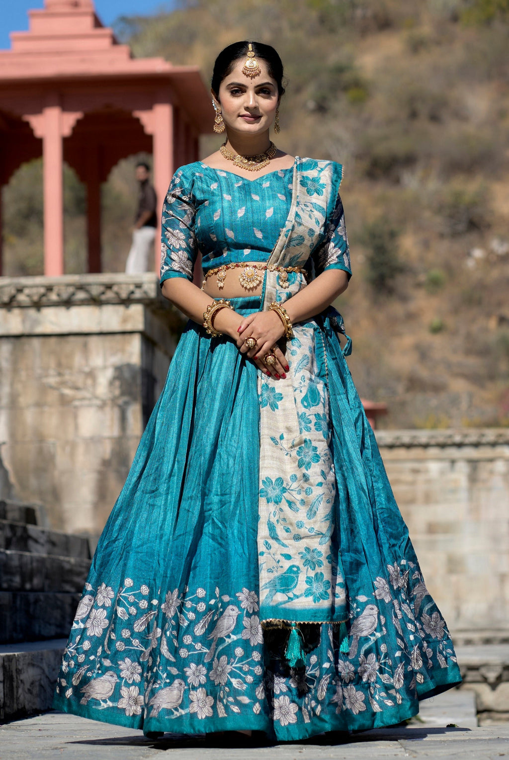 Vedant Vastram Fully Printed Pure Manipuri Silk Lehenga Choli With Blouse & Dupatta - Turquoise