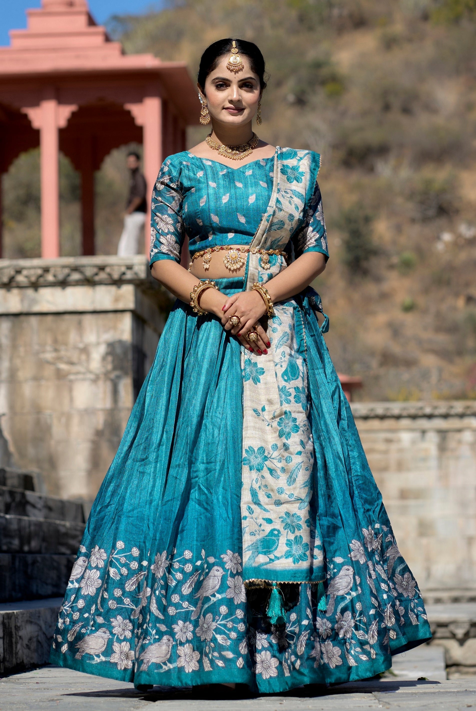 Vedant Vastram Fully Printed Pure Manipuri Silk Lehenga Choli With Blouse & Dupatta - Turquoise