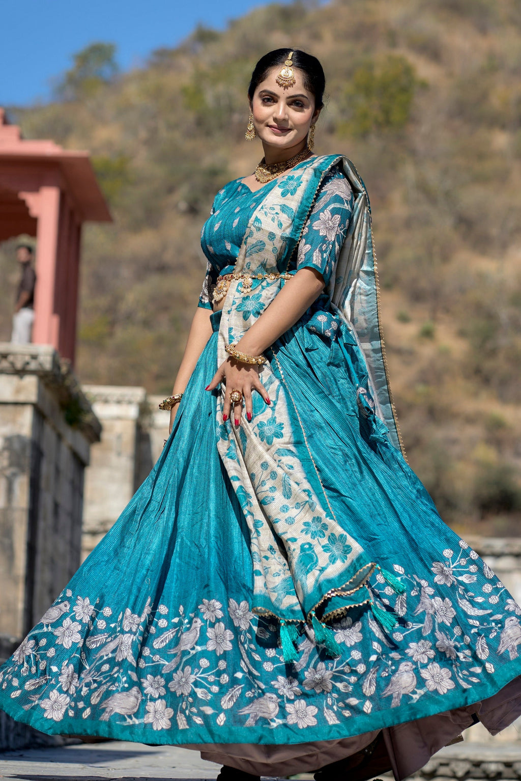Vedant Vastram Fully Printed Pure Manipuri Silk Lehenga Choli With Blouse & Dupatta - Turquoise