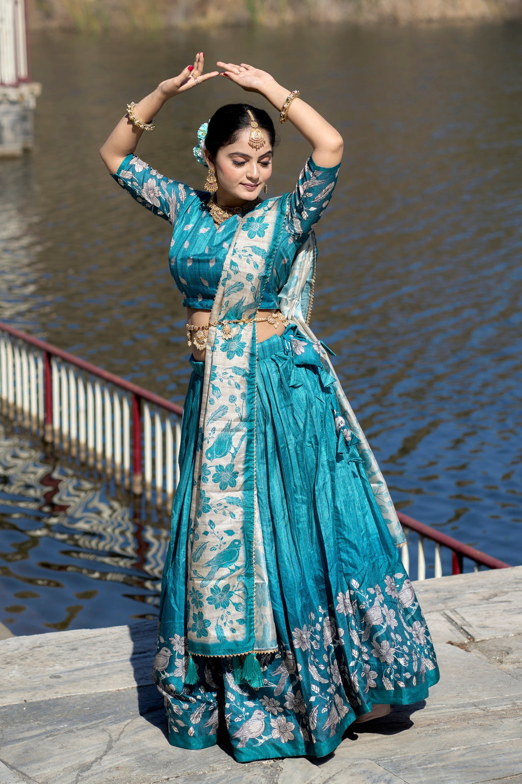 Vedant Vastram Fully Printed Pure Manipuri Silk Lehenga Choli With Blouse & Dupatta - Turquoise