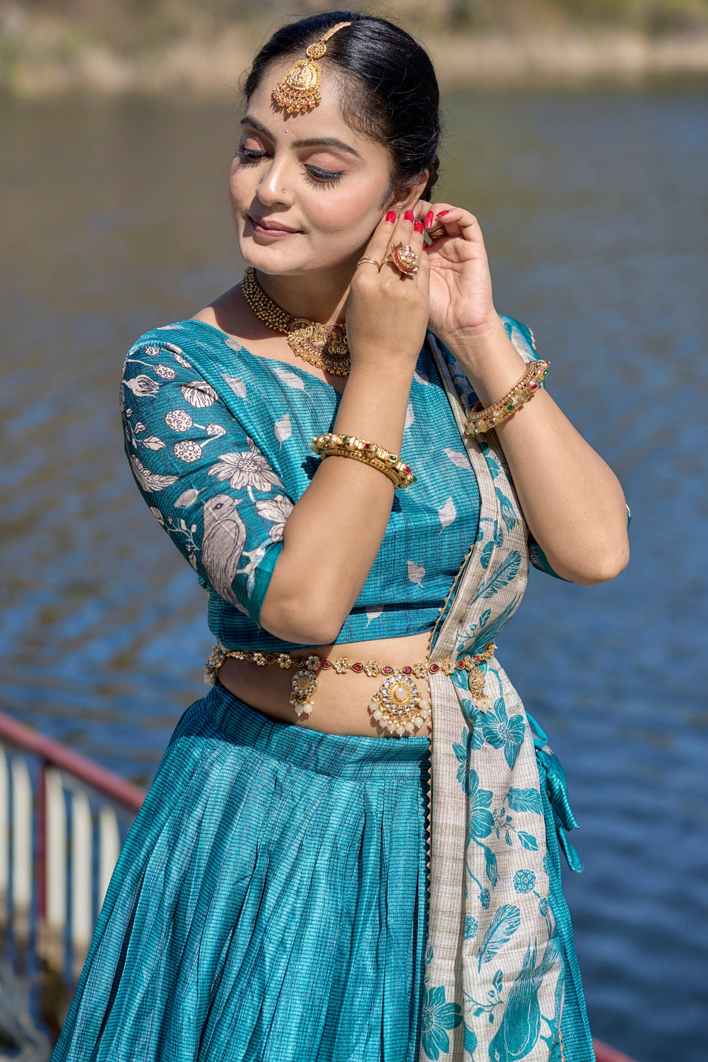 Vedant Vastram Fully Printed Pure Manipuri Silk Lehenga Choli With Blouse & Dupatta - Turquoise