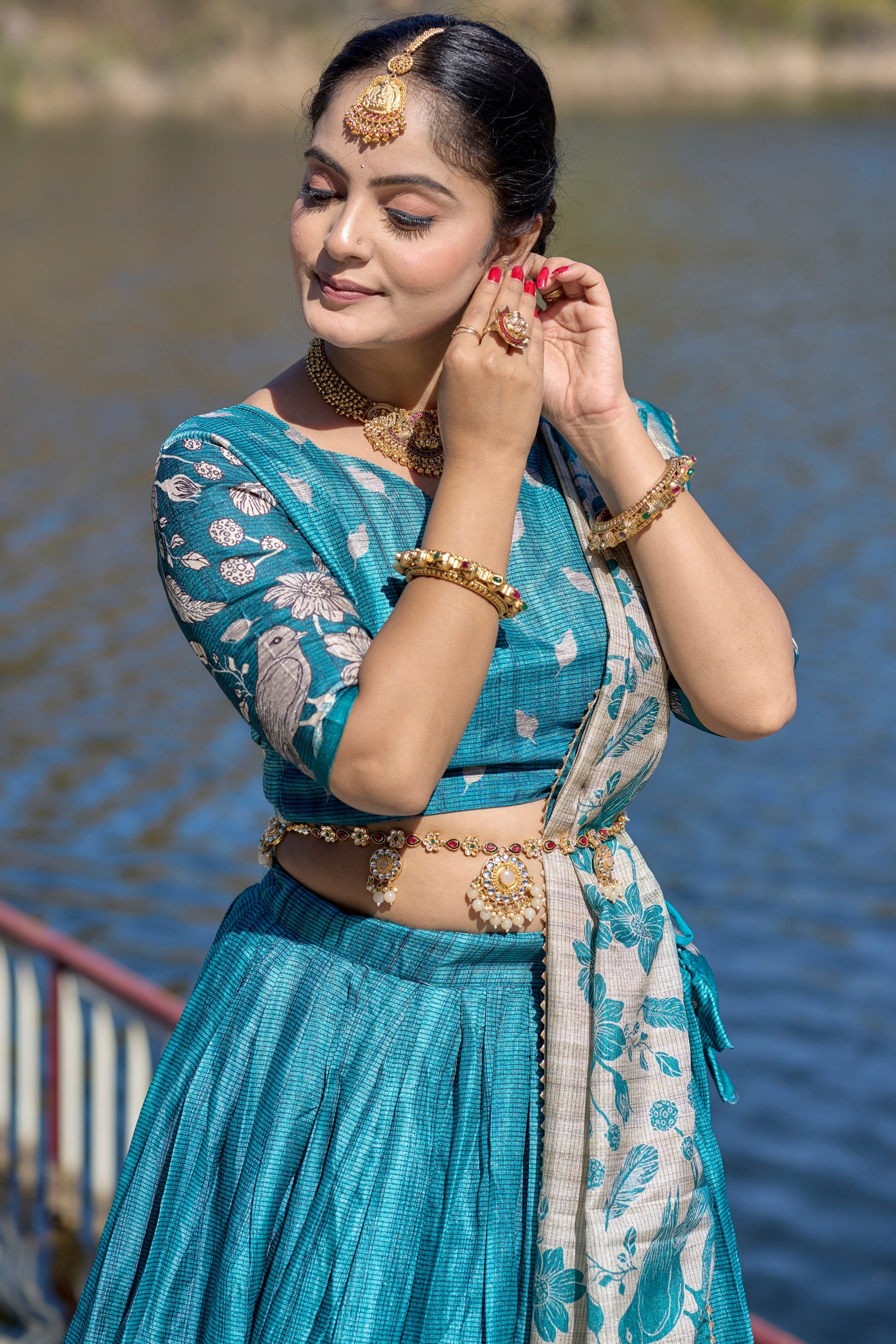 Vedant Vastram Fully Printed Pure Manipuri Silk Lehenga Choli With Blouse & Dupatta - Turquoise