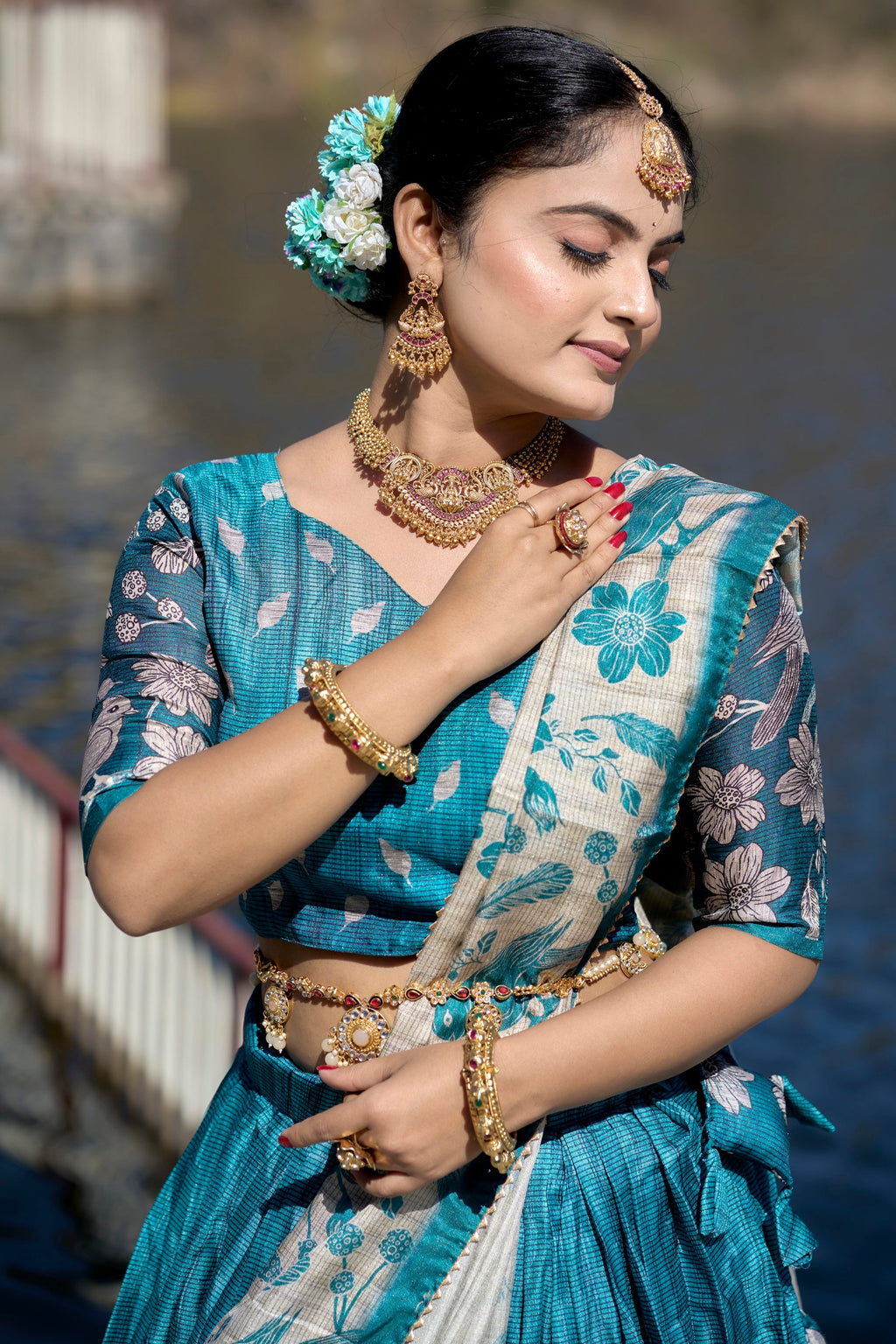 Vedant Vastram Fully Printed Pure Manipuri Silk Lehenga Choli With Blouse & Dupatta - Turquoise