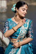 Vedant Vastram Fully Printed Pure Manipuri Silk Lehenga Choli With Blouse & Dupatta - Turquoise