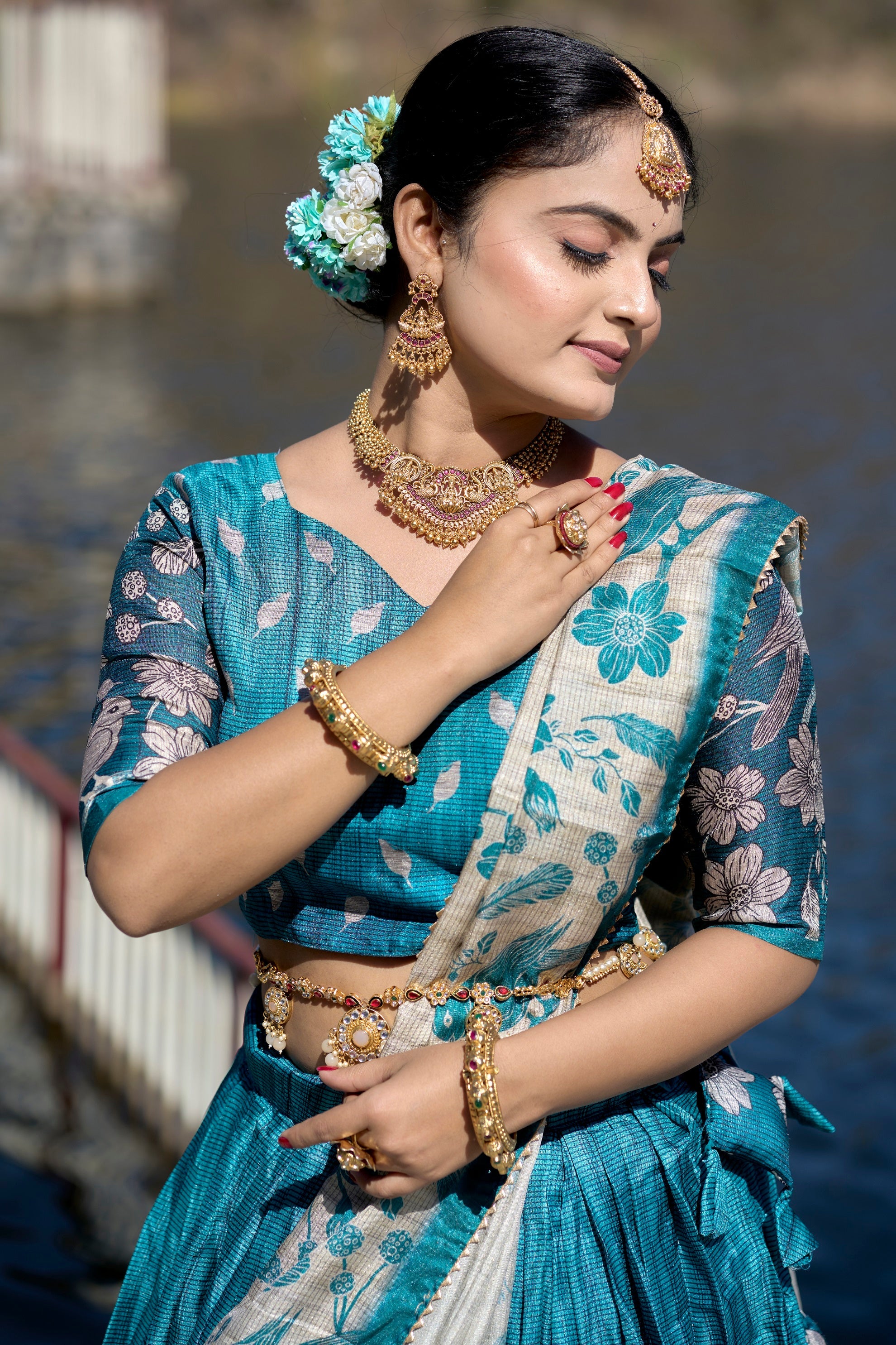 Vedant Vastram Fully Printed Pure Manipuri Silk Lehenga Choli With Blouse & Dupatta - Turquoise