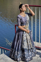Vedant Vastram Fully Printed Pure Manipuri Silk Lehenga Choli With Blouse & Dupatta - Grey