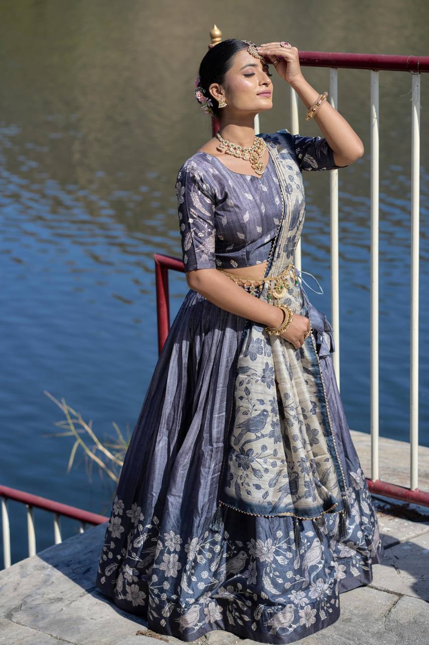 Vedant Vastram Fully Printed Pure Manipuri Silk Lehenga Choli With Blouse & Dupatta - Grey