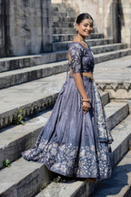Vedant Vastram Fully Printed Pure Manipuri Silk Lehenga Choli With Blouse & Dupatta - Grey