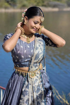 Vedant Vastram Fully Printed Pure Manipuri Silk Lehenga Choli With Blouse & Dupatta - Grey