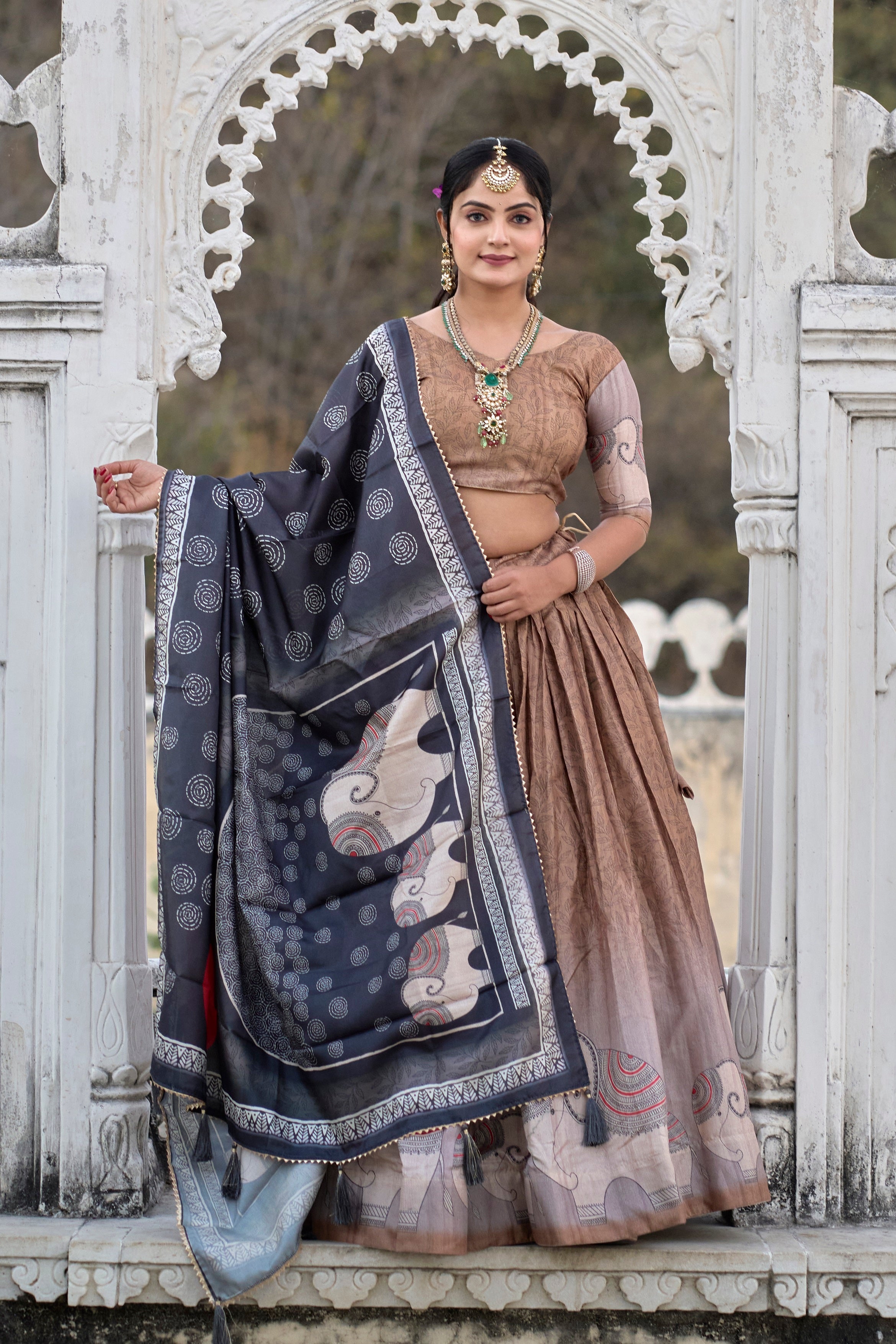 Vedant Vastram Fully Printed Pure Manipuri Silk Lehenga Choli With Blouse & Dupatta - Brown
