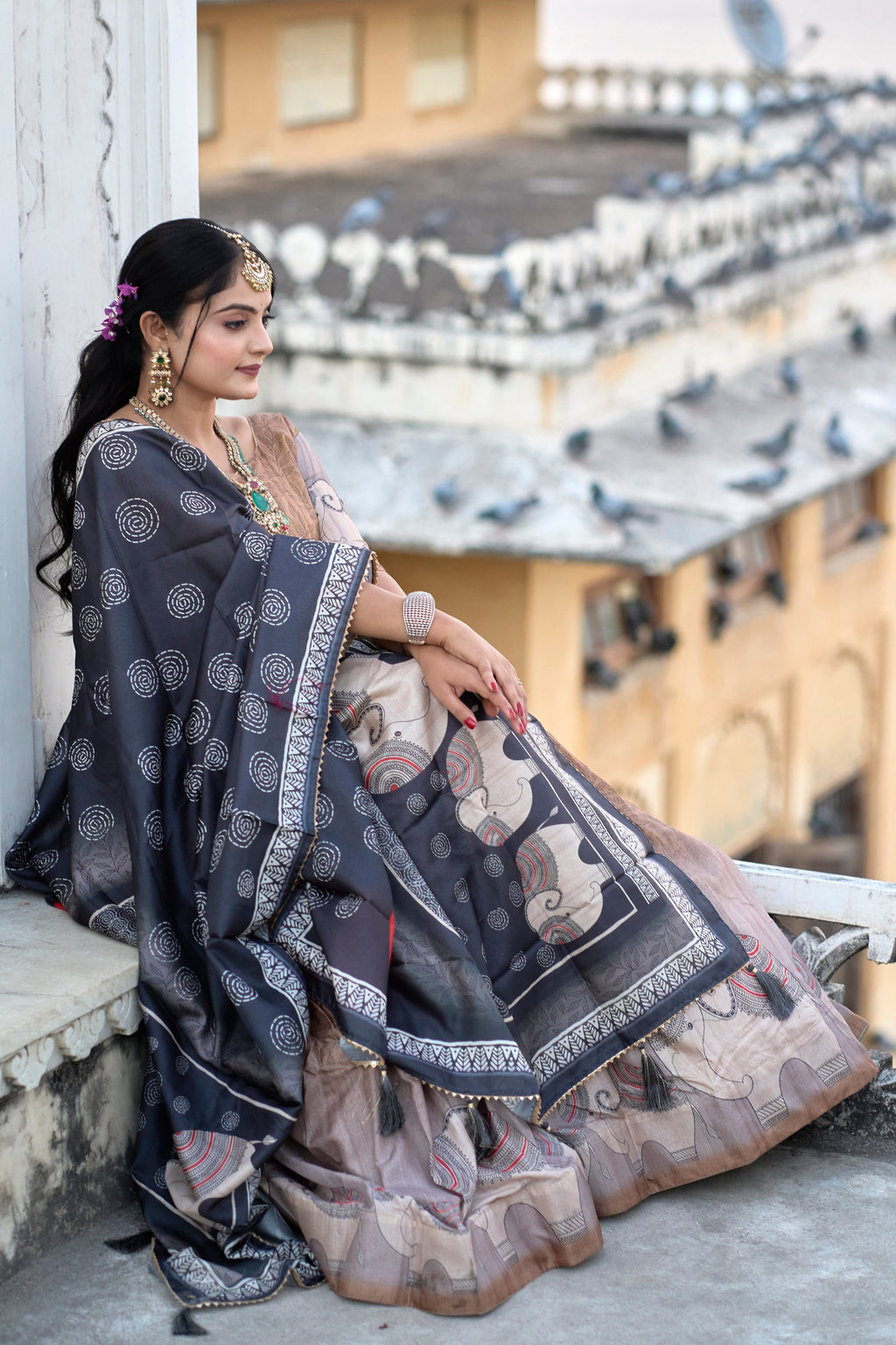 Vedant Vastram Fully Printed Pure Manipuri Silk Lehenga Choli With Blouse & Dupatta - Brown