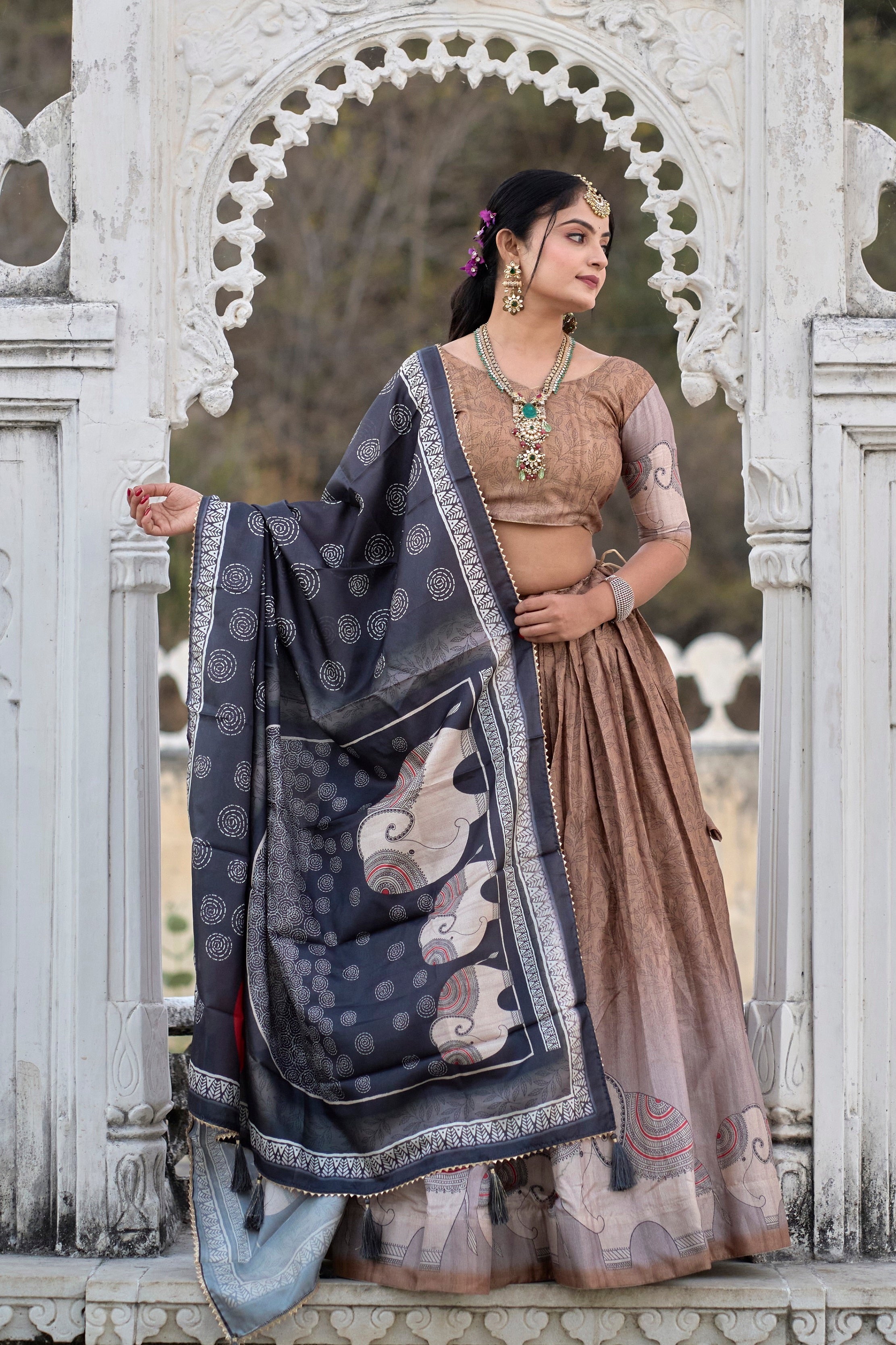 Vedant Vastram Fully Printed Pure Manipuri Silk Lehenga Choli With Blouse & Dupatta - Brown