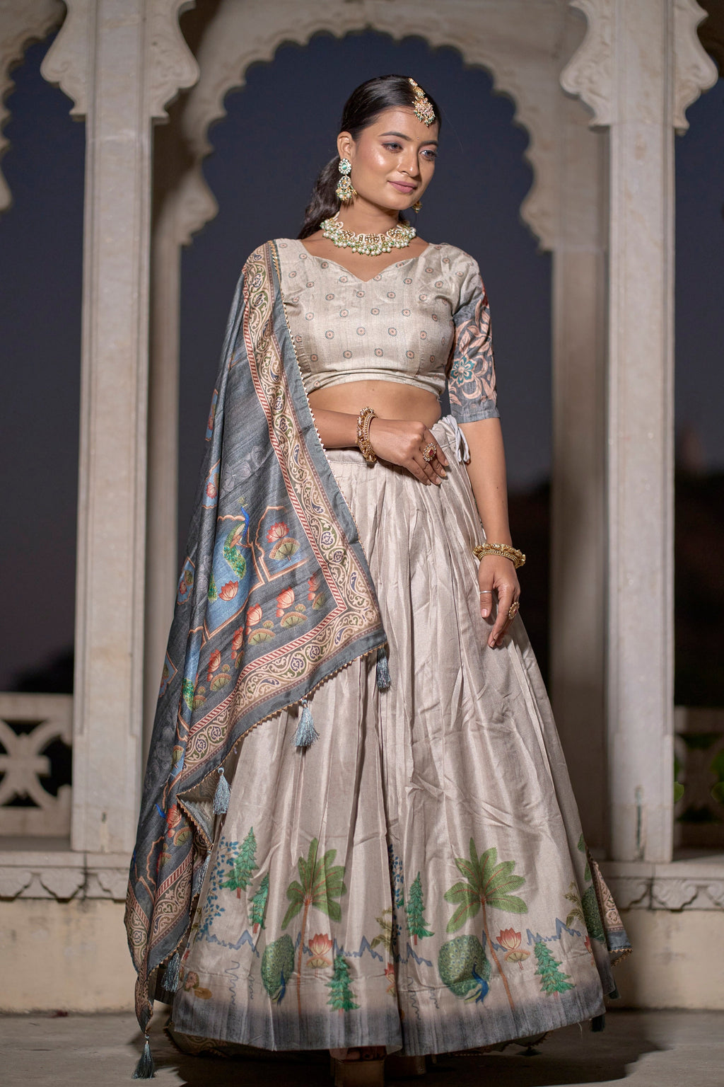 Vedant Vastram Fully Printed Pure Manipuri Silk Lehenga Choli With Blouse & Dupatta - Beige