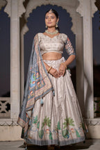 Vedant Vastram Fully Printed Pure Manipuri Silk Lehenga Choli With Blouse & Dupatta - Beige