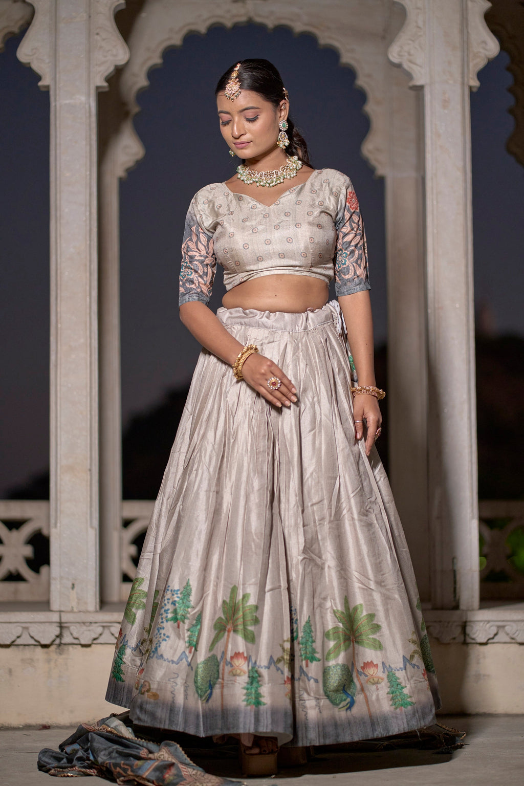 Vedant Vastram Fully Printed Pure Manipuri Silk Lehenga Choli With Blouse & Dupatta - Beige