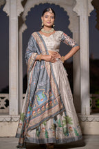 Vedant Vastram Fully Printed Pure Manipuri Silk Lehenga Choli With Blouse & Dupatta - Beige