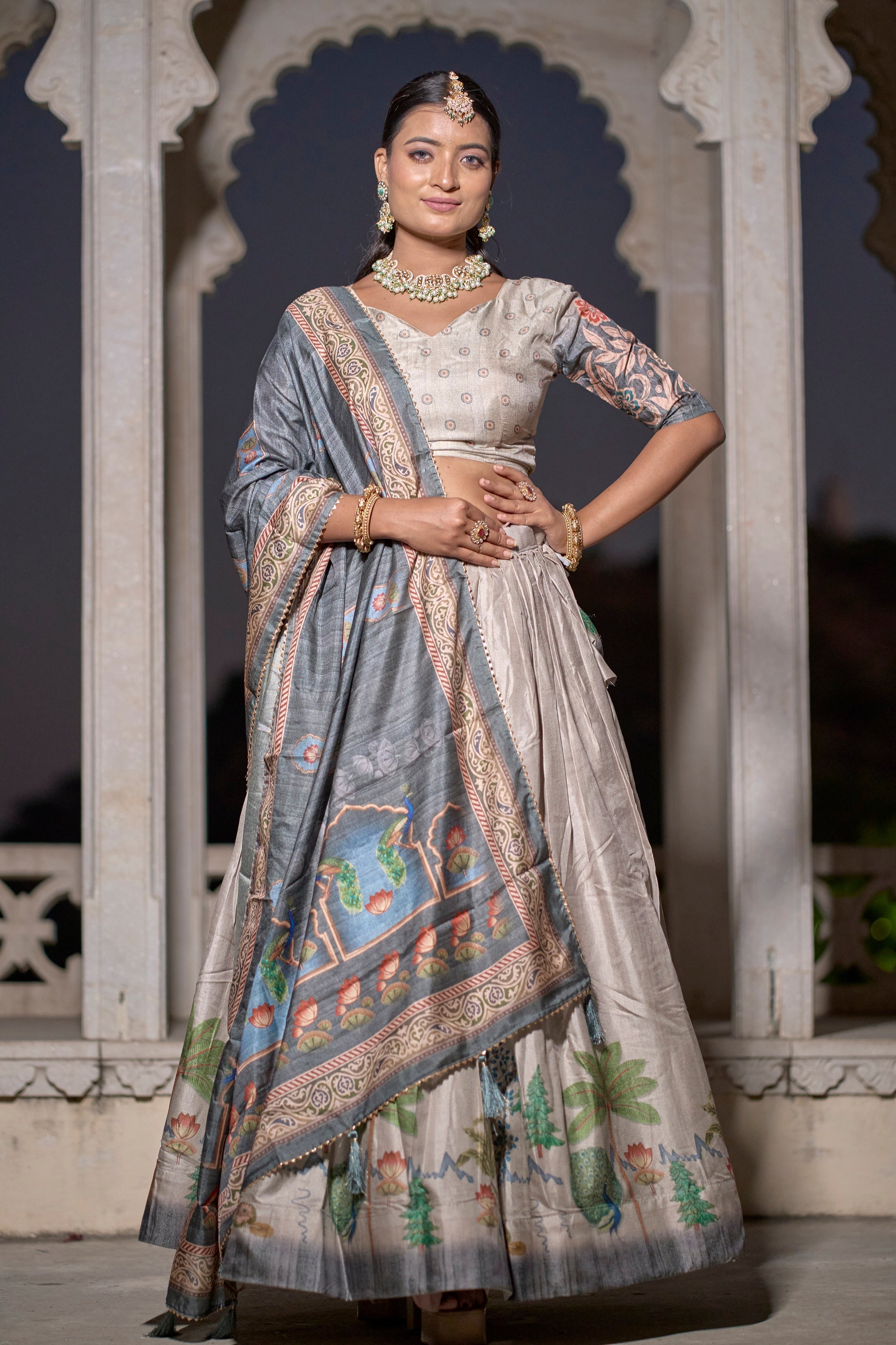 Vedant Vastram Fully Printed Pure Manipuri Silk Lehenga Choli With Blouse & Dupatta - Beige