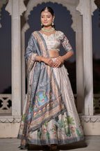 Vedant Vastram Fully Printed Pure Manipuri Silk Lehenga Choli With Blouse & Dupatta - Beige