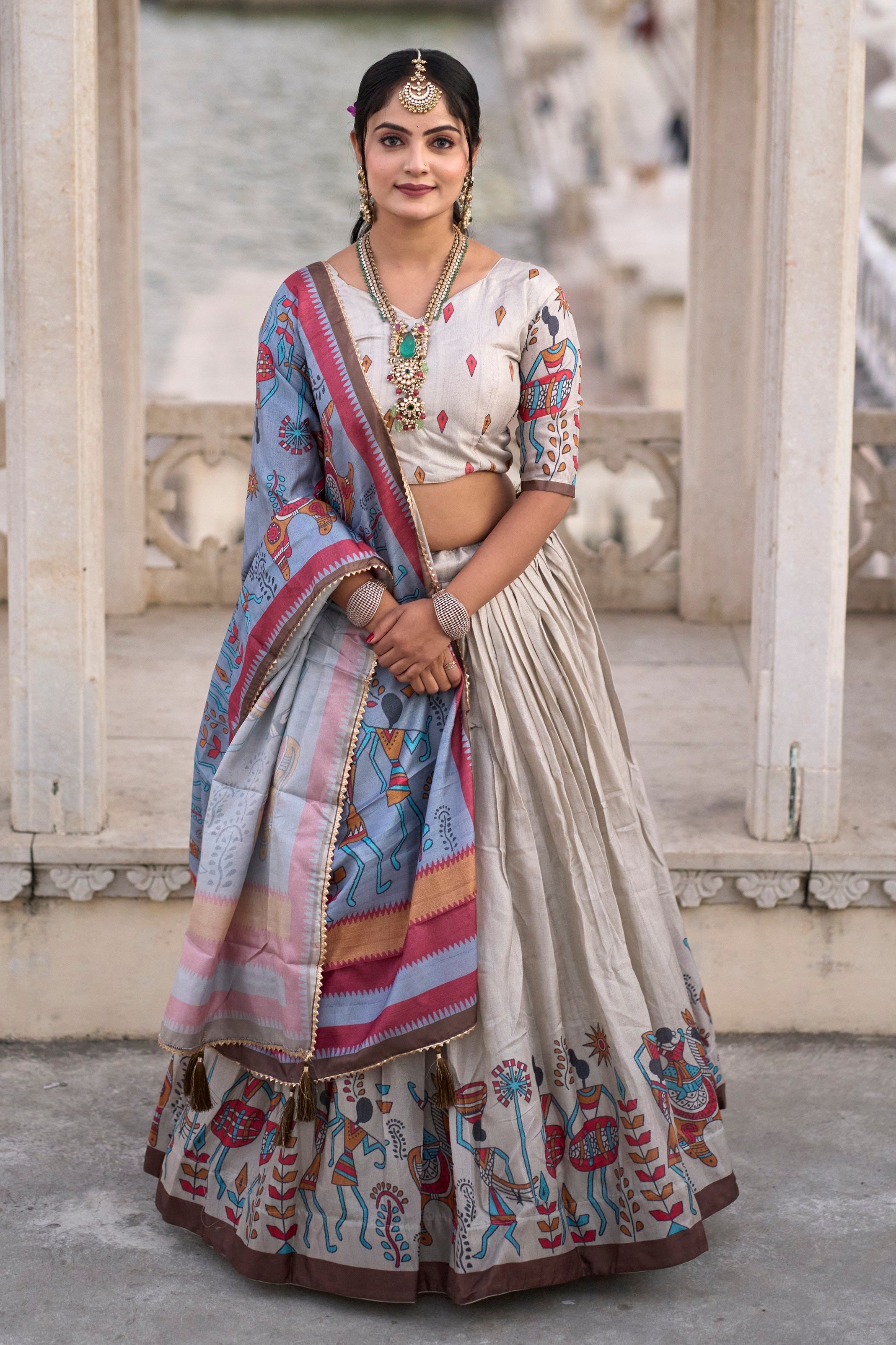 Vedant Vastram Fully Printed Pure Manipuri Silk Lehenga Choli With Blouse & Dupatta - Beige