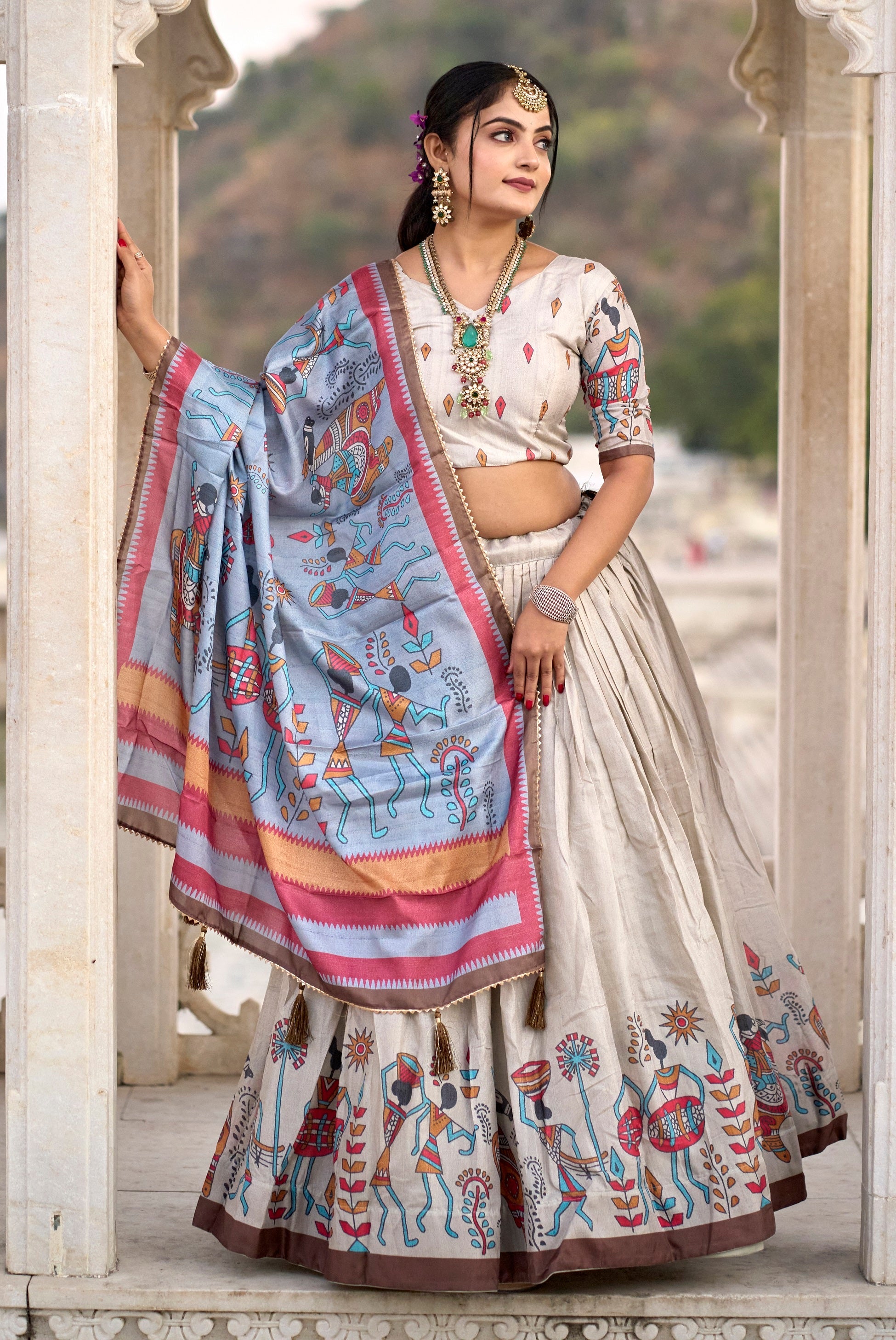 Vedant Vastram Fully Printed Pure Manipuri Silk Lehenga Choli With Blouse & Dupatta - Beige