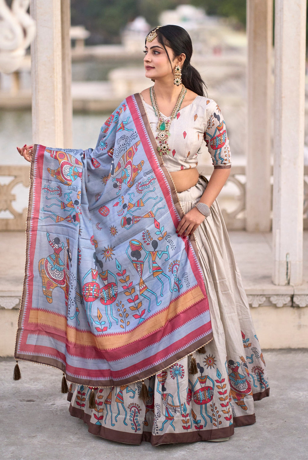 Vedant Vastram Fully Printed Pure Manipuri Silk Lehenga Choli With Blouse & Dupatta - Beige