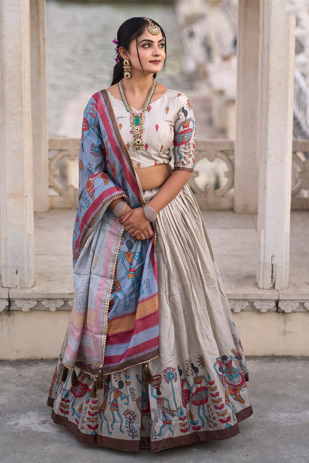 Vedant Vastram Fully Printed Pure Manipuri Silk Lehenga Choli With Blouse & Dupatta - Beige