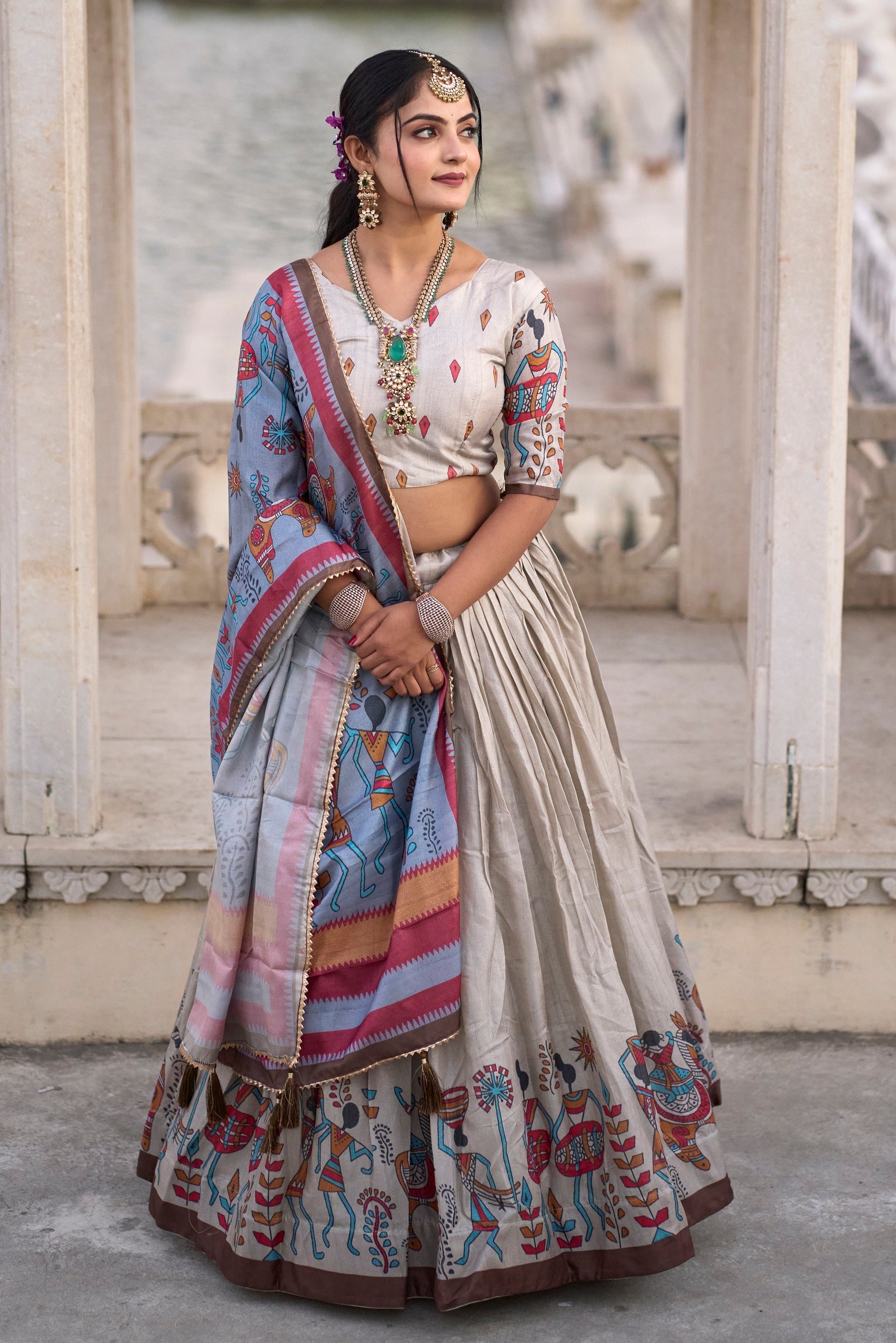 Vedant Vastram Fully Printed Pure Manipuri Silk Lehenga Choli With Blouse & Dupatta - Beige