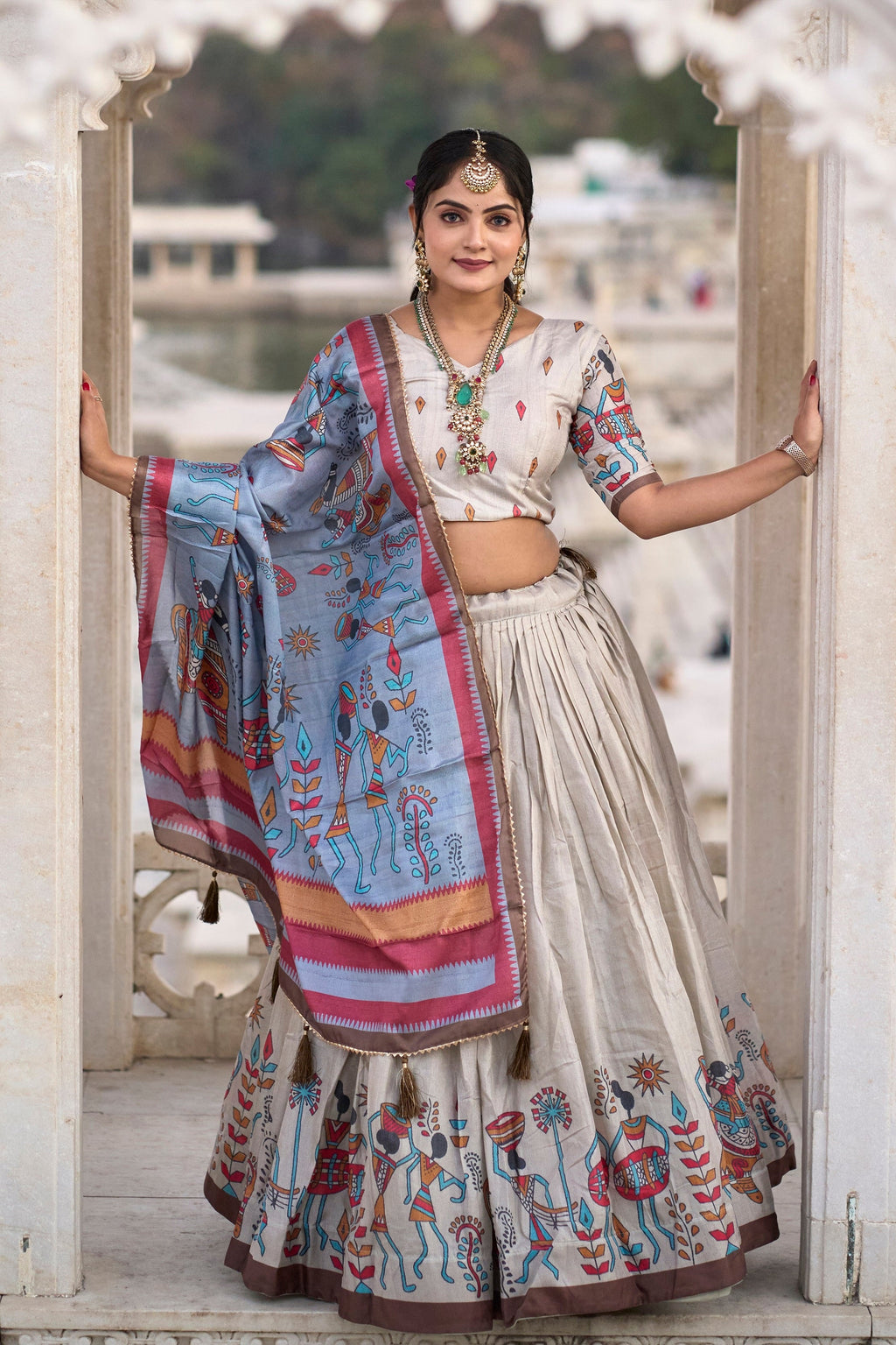 Vedant Vastram Fully Printed Pure Manipuri Silk Lehenga Choli With Blouse & Dupatta - Beige