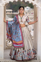 Vedant Vastram Fully Printed Pure Manipuri Silk Lehenga Choli With Blouse & Dupatta - Beige