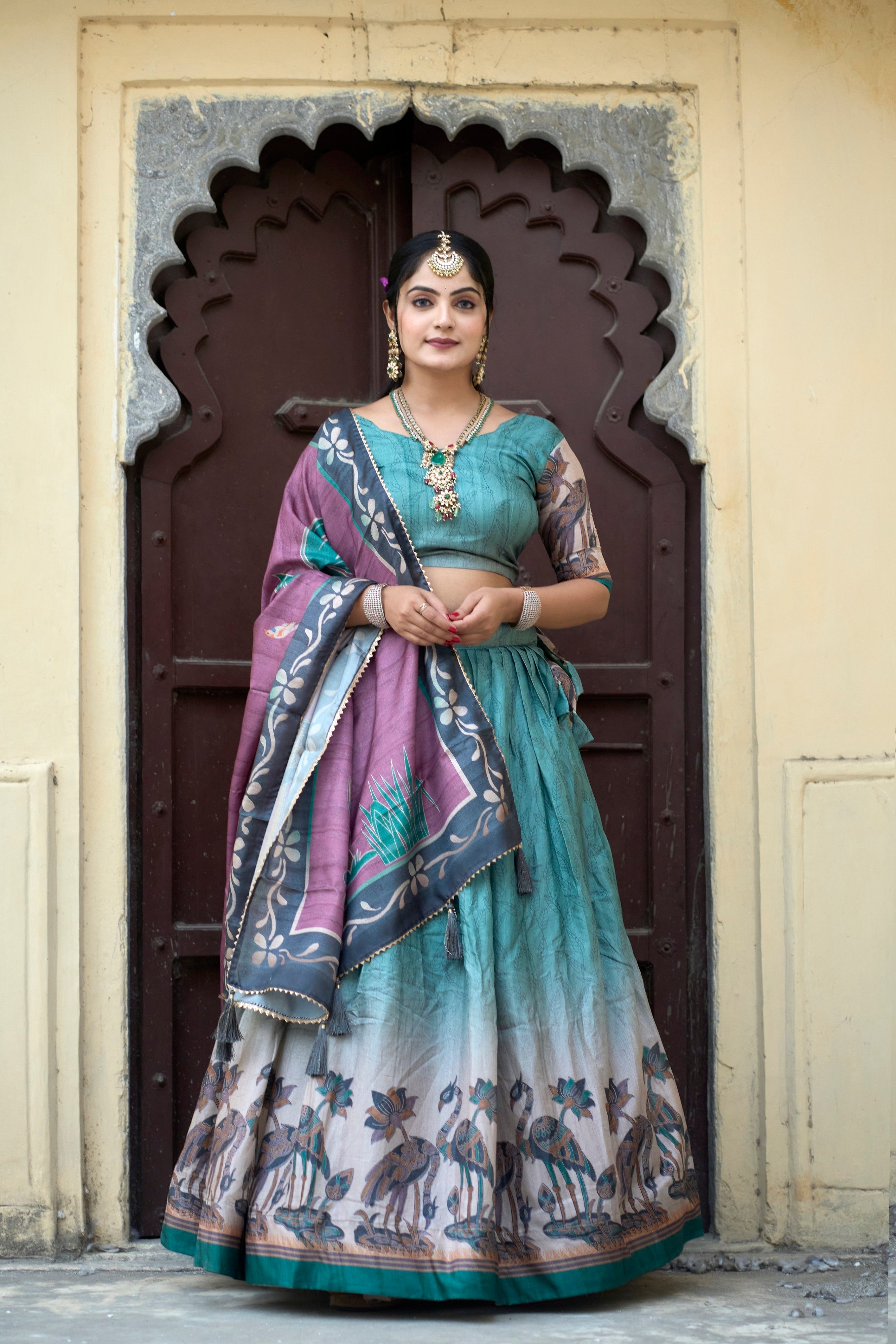 Vedant Vastram Fully Printed Pure Manipuri Silk Lehenga Choli With Blouse & Dupatta - Rama
