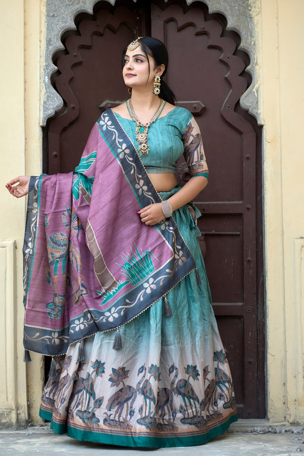 Vedant Vastram Fully Printed Pure Manipuri Silk Lehenga Choli With Blouse & Dupatta - Rama