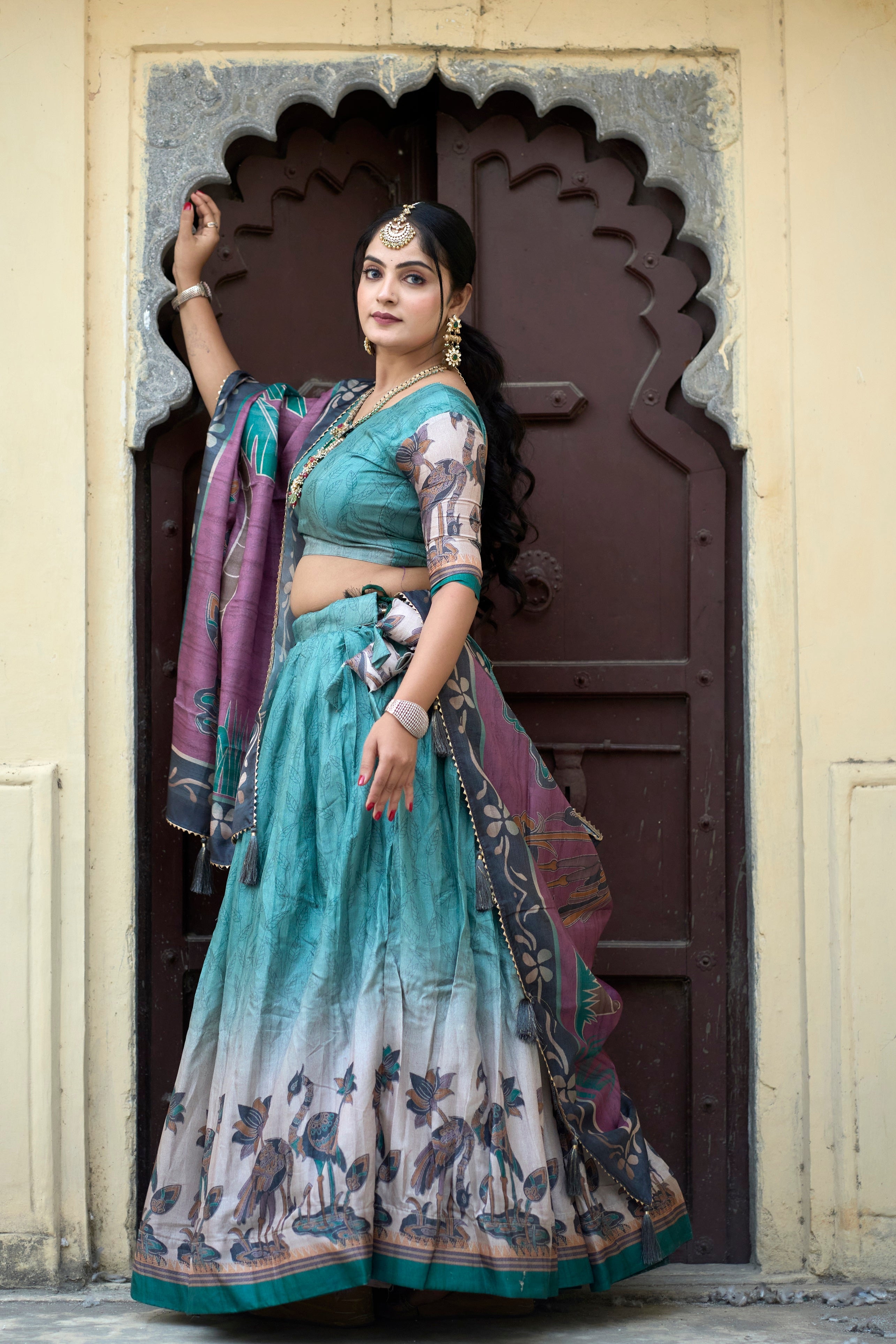 Vedant Vastram Fully Printed Pure Manipuri Silk Lehenga Choli With Blouse & Dupatta - Rama