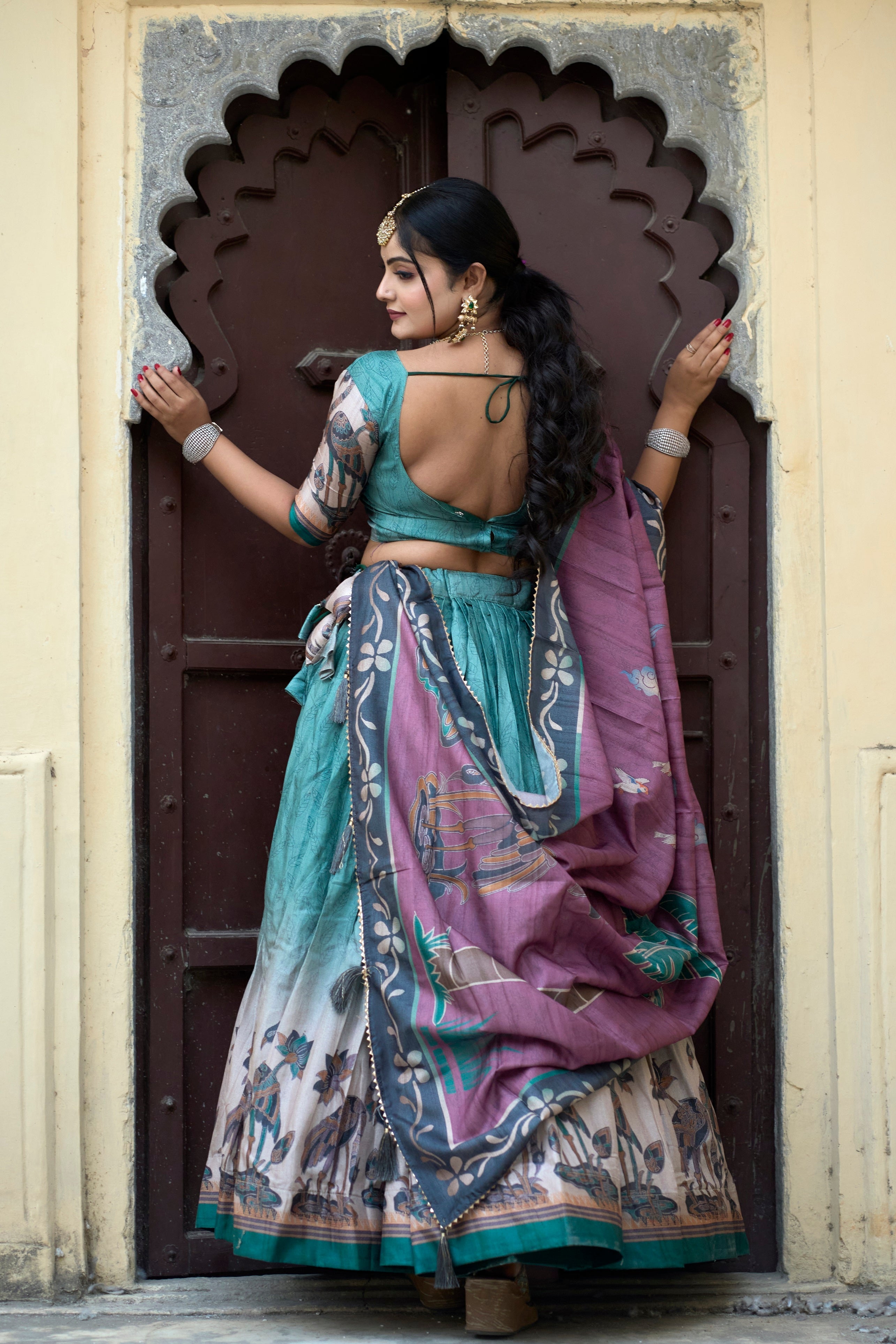 Vedant Vastram Fully Printed Pure Manipuri Silk Lehenga Choli With Blouse & Dupatta - Rama