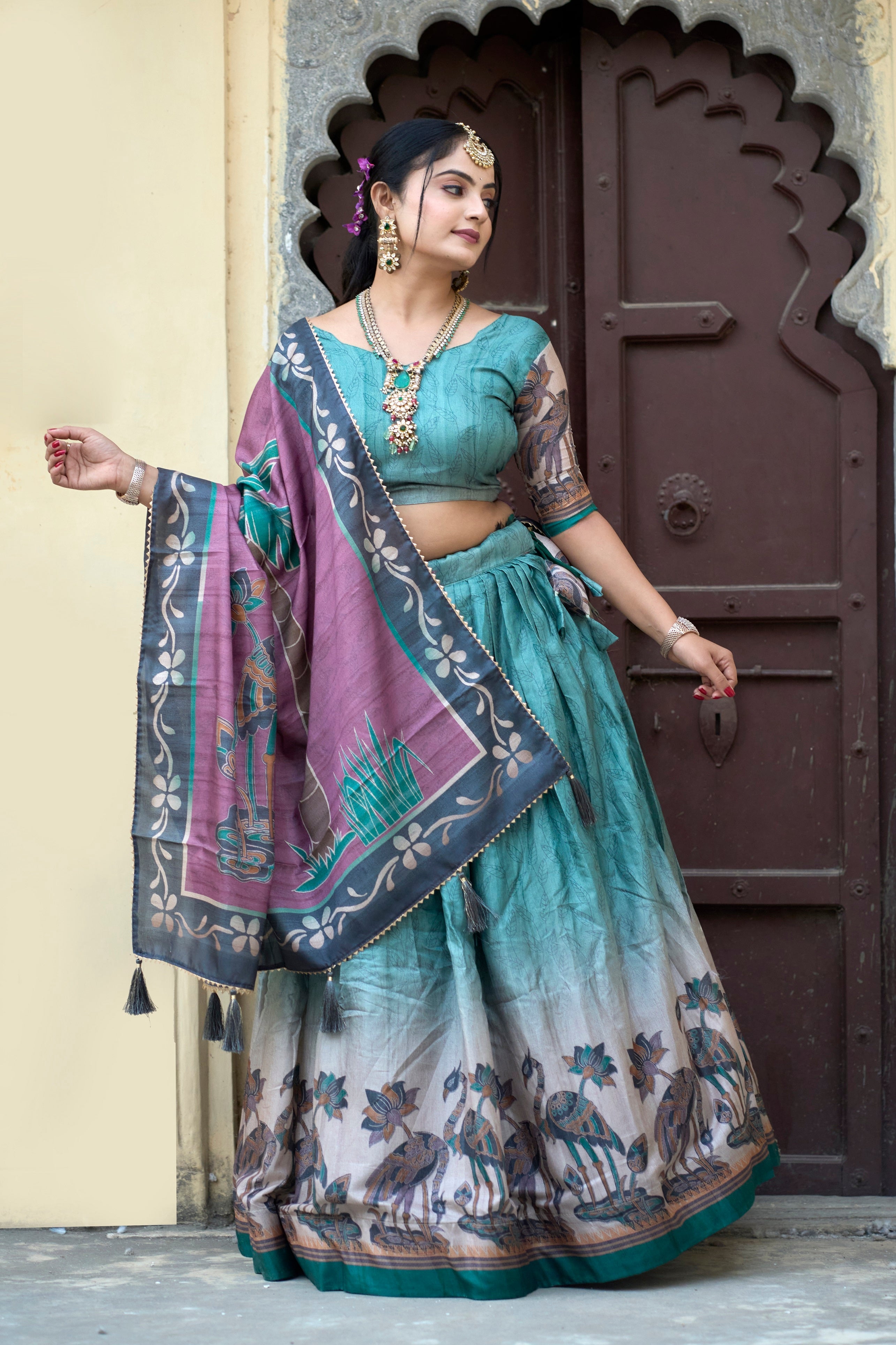 Vedant Vastram Fully Printed Pure Manipuri Silk Lehenga Choli With Blouse & Dupatta - Rama