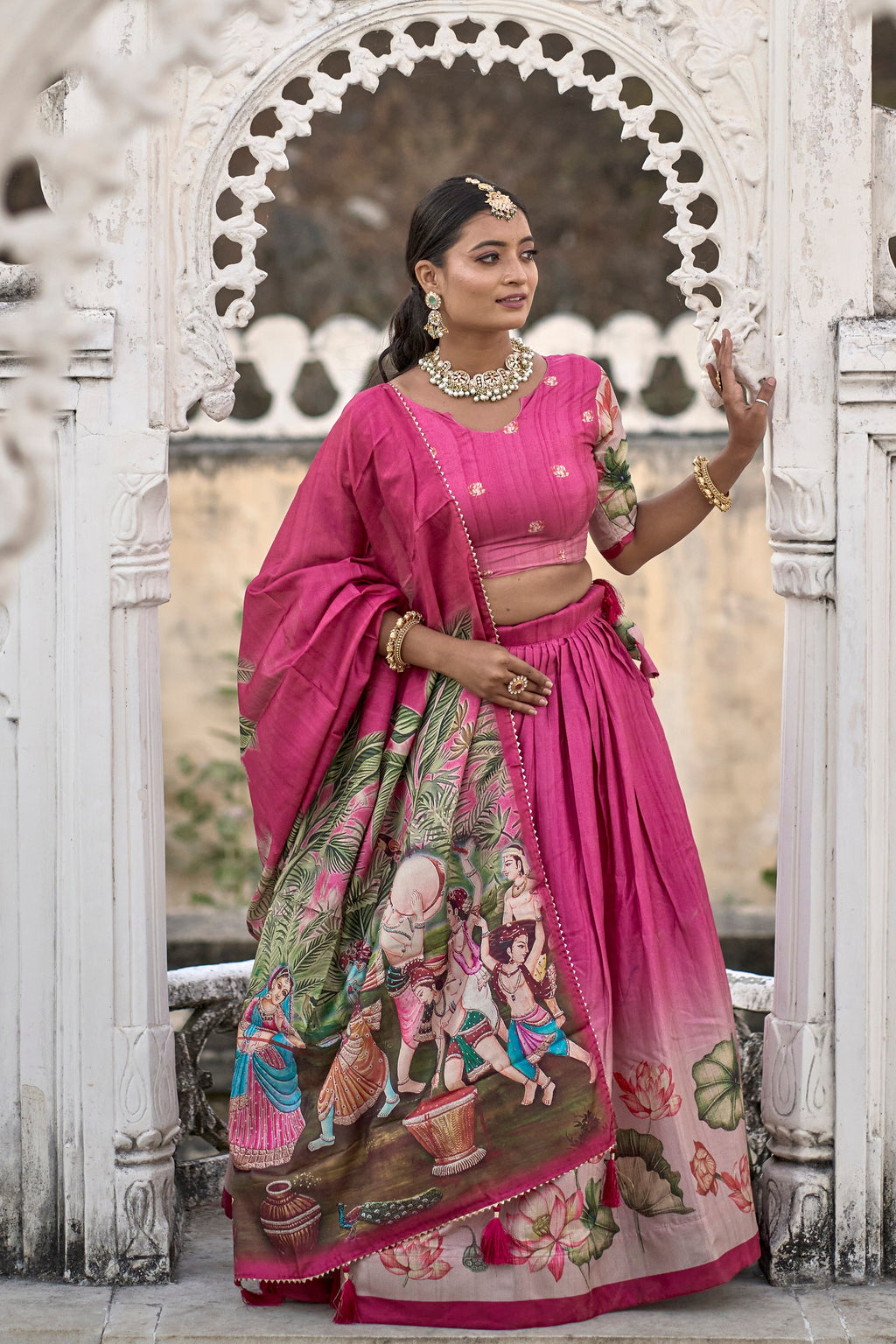Vedant Vastram Fully Printed Pure Manipuri Silk Lehenga Choli With Blouse & Dupatta - Pink