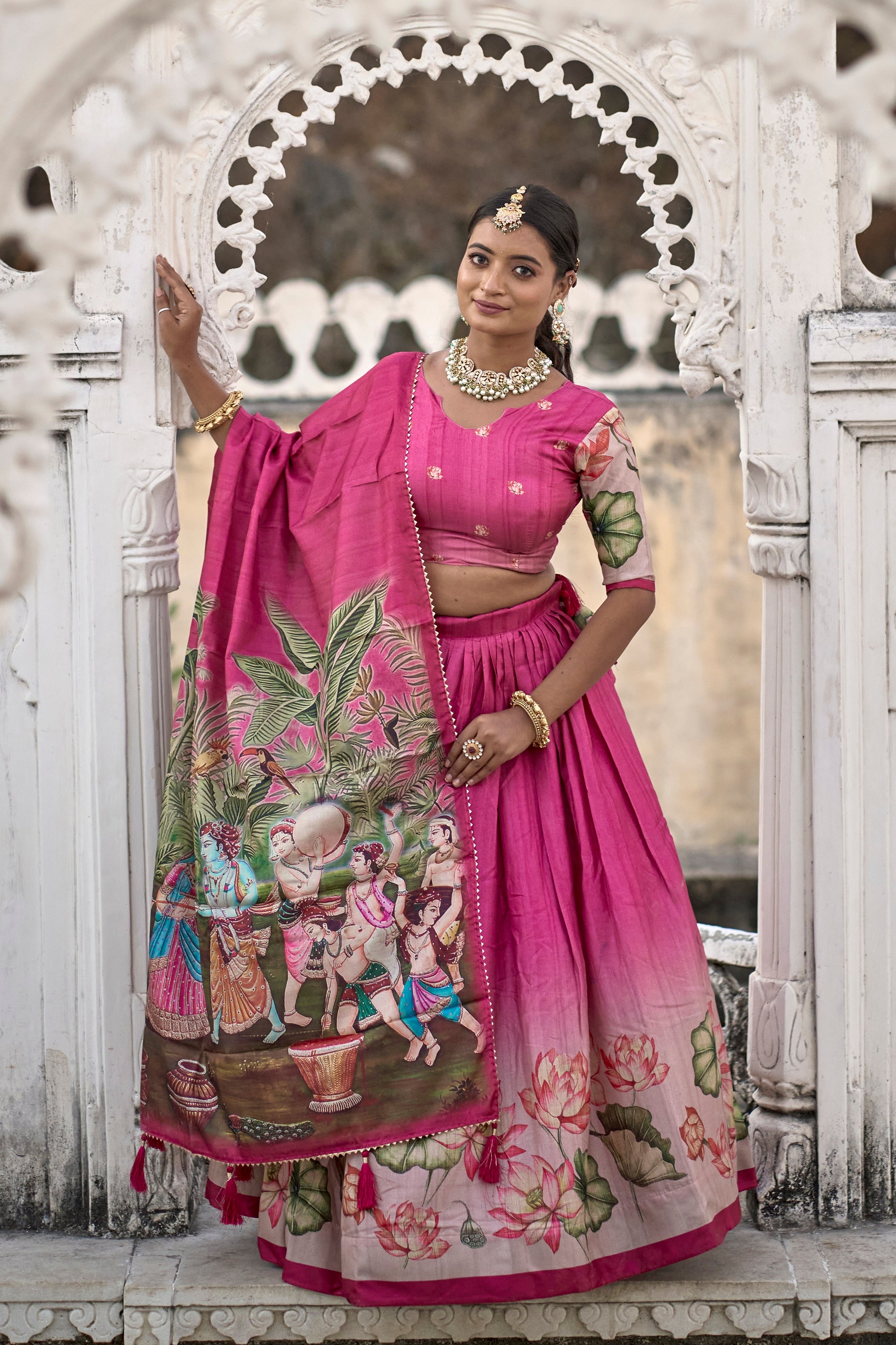 Vedant Vastram Fully Printed Pure Manipuri Silk Lehenga Choli With Blouse & Dupatta - Pink
