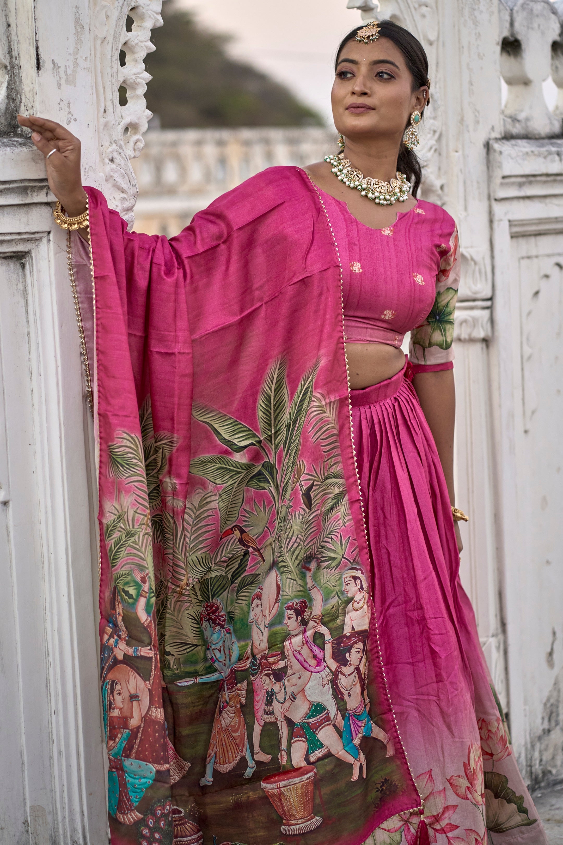 Vedant Vastram Fully Printed Pure Manipuri Silk Lehenga Choli With Blouse & Dupatta - Pink