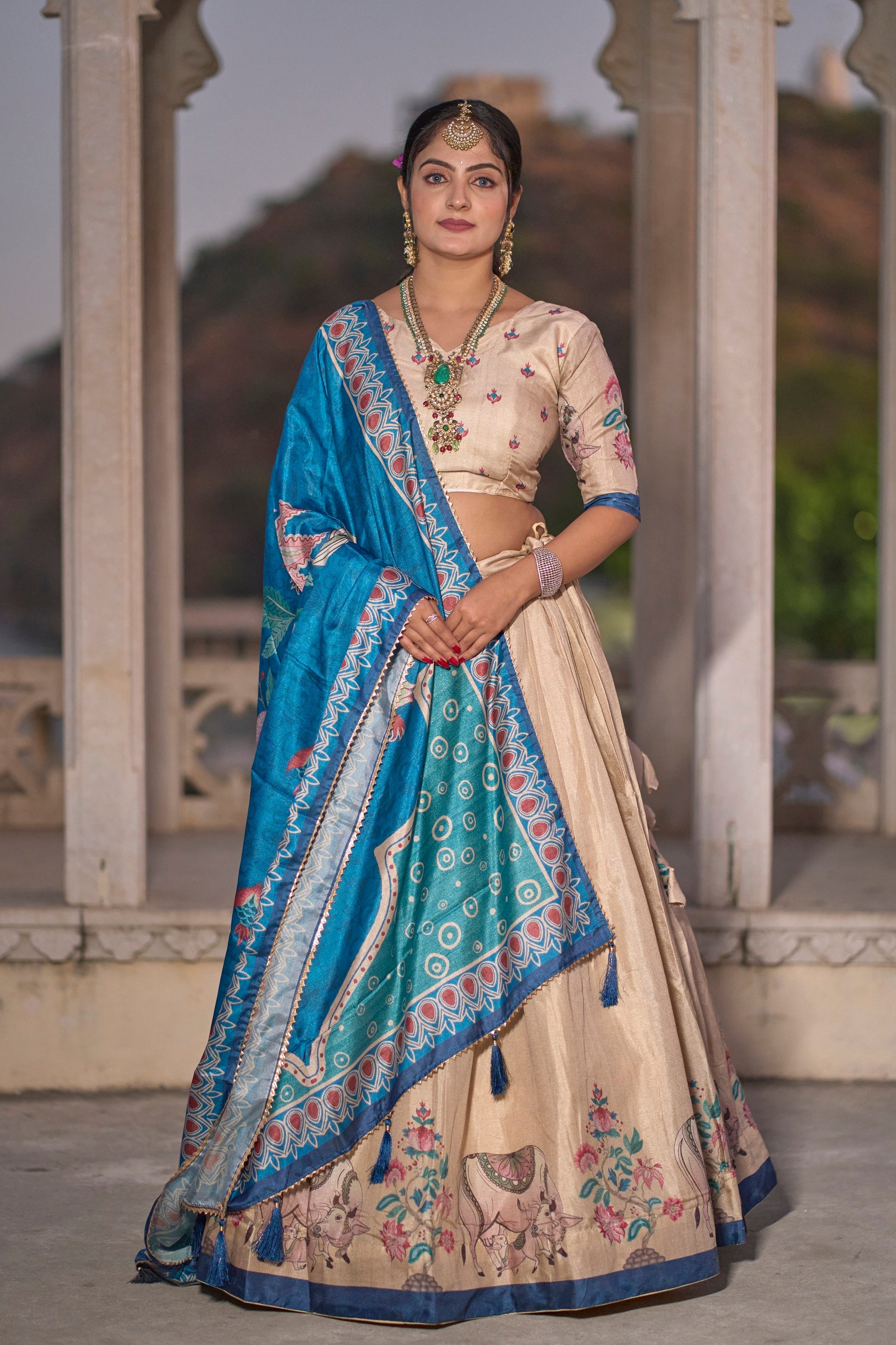 Vedant Vastram Fully Printed Pure Manipuri Silk Lehenga Choli With Blouse & Dupatta - Beige