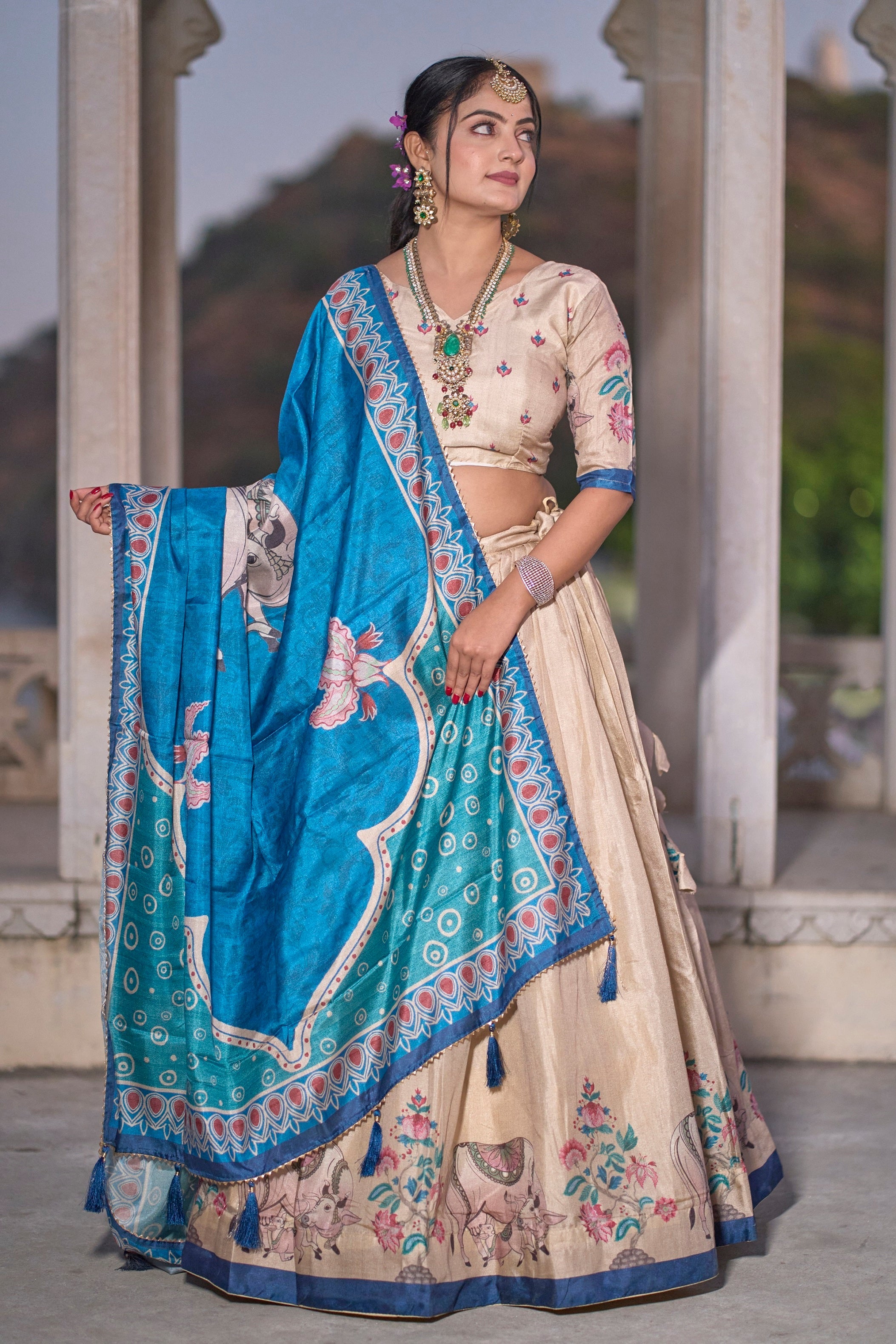 Vedant Vastram Fully Printed Pure Manipuri Silk Lehenga Choli With Blouse & Dupatta - Beige