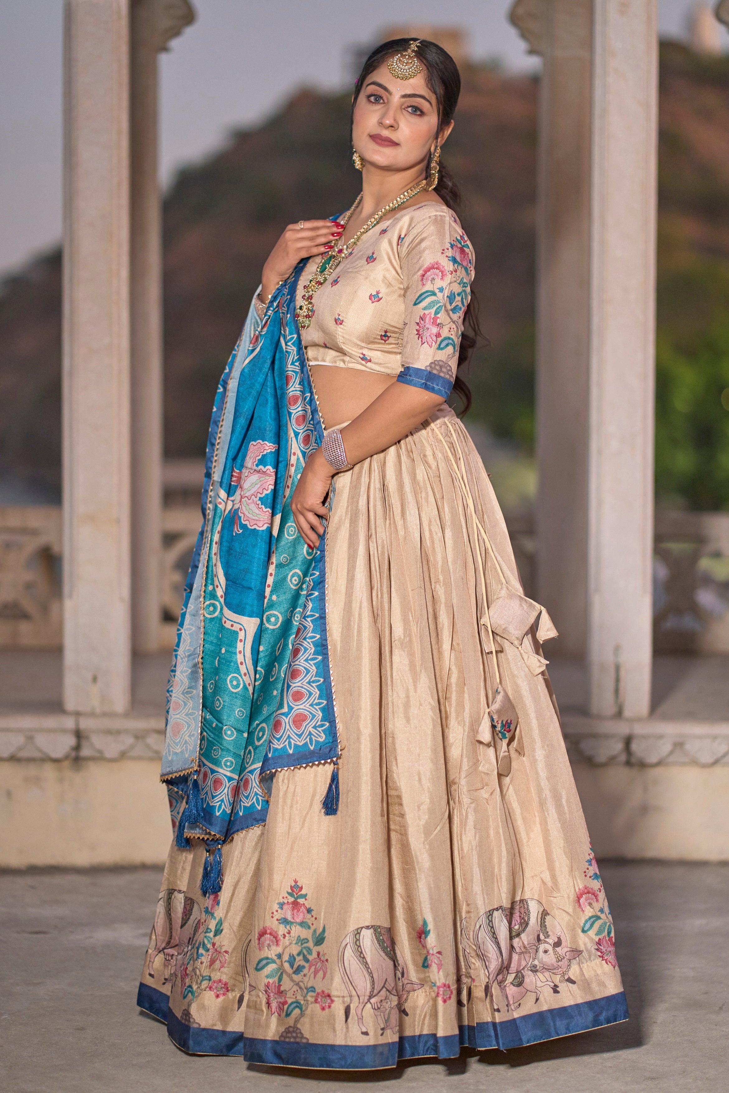 Vedant Vastram Fully Printed Pure Manipuri Silk Lehenga Choli With Blouse & Dupatta - Beige