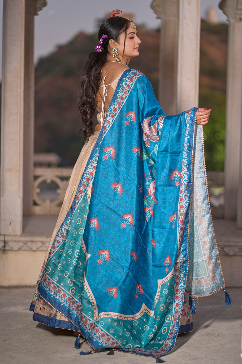 Vedant Vastram Fully Printed Pure Manipuri Silk Lehenga Choli With Blouse & Dupatta - Beige