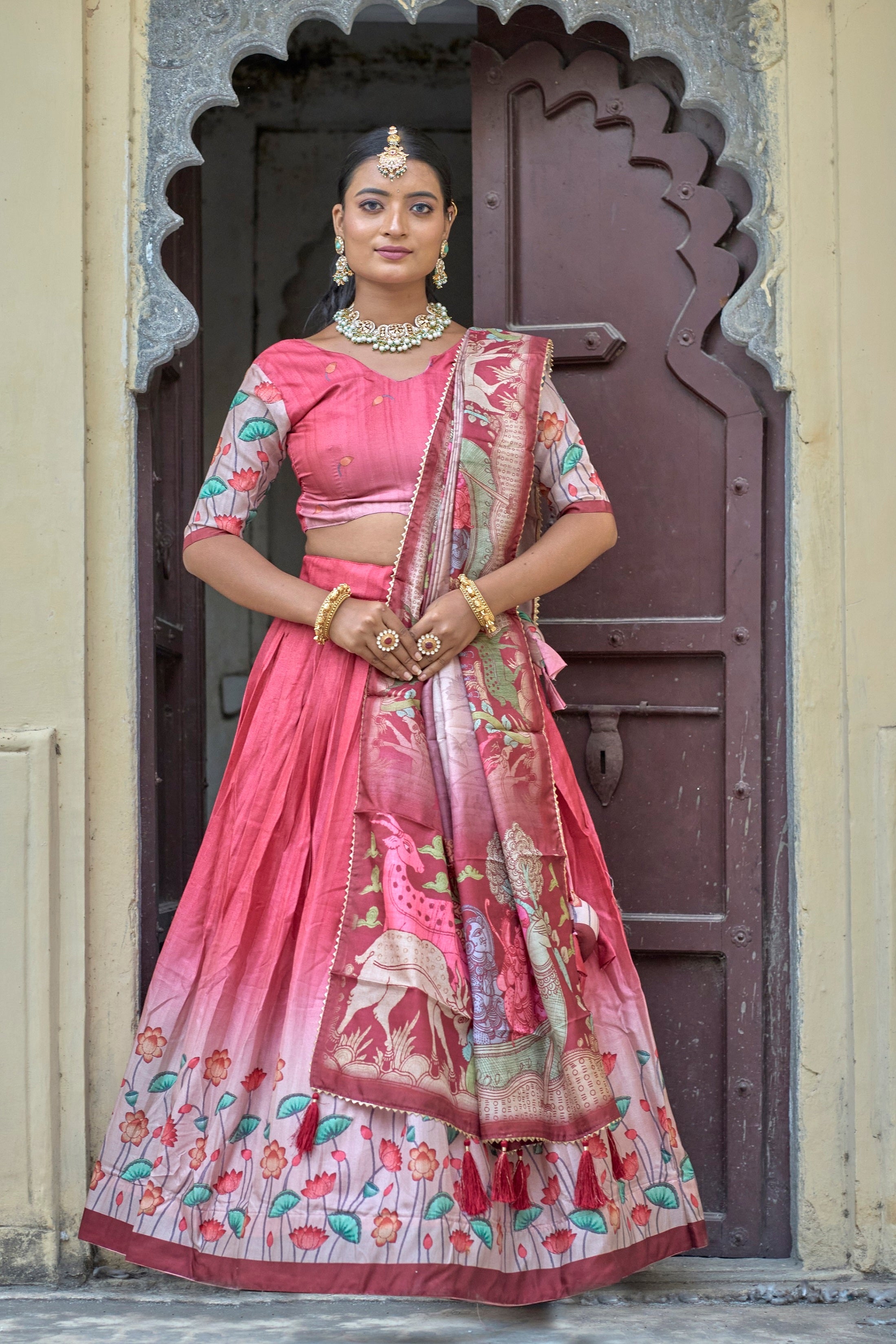 Vedant Vastram Fully Printed Pure Manipuri Silk Lehenga Choli With Blouse & Dupatta - Peach