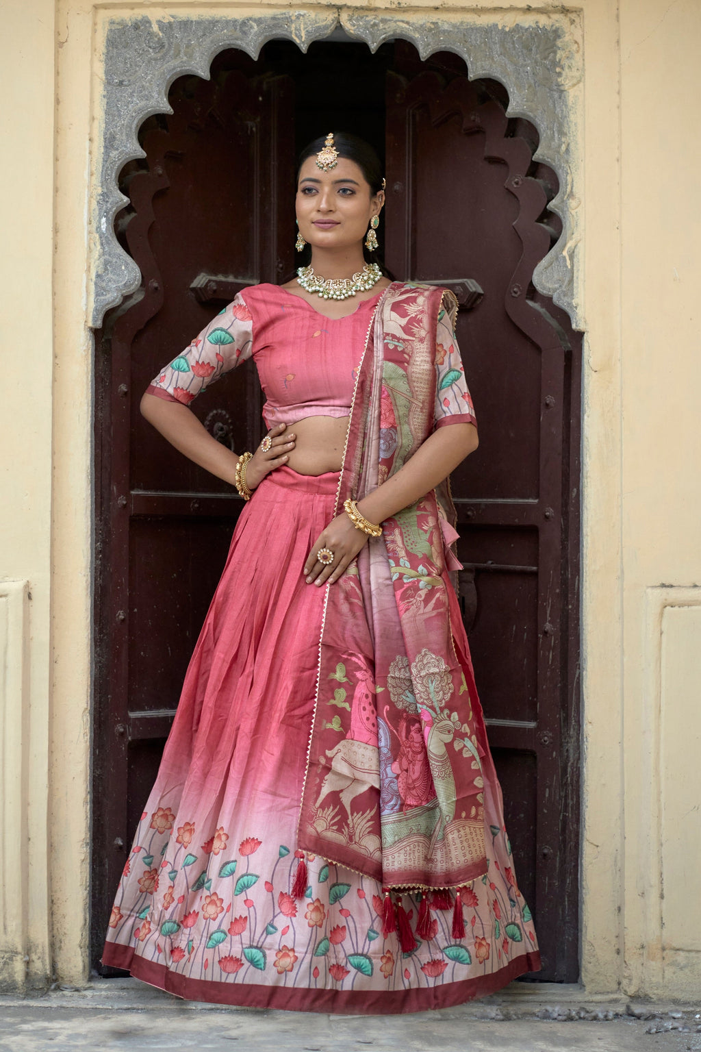 Vedant Vastram Fully Printed Pure Manipuri Silk Lehenga Choli With Blouse & Dupatta - Peach