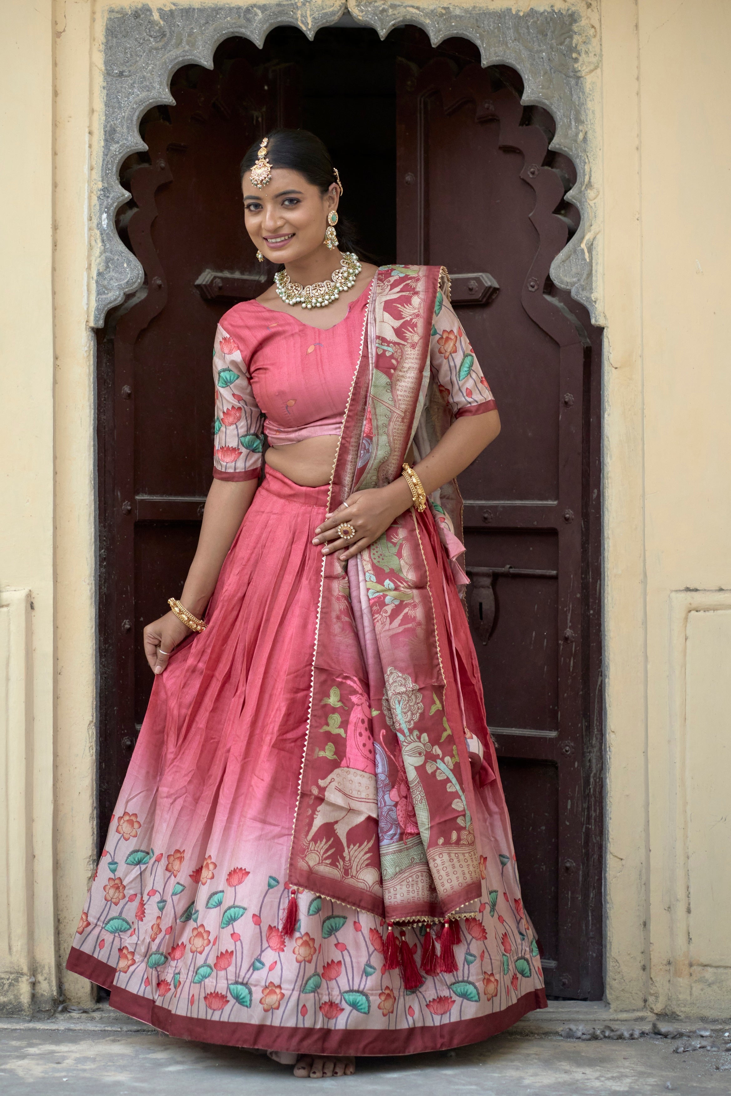 Vedant Vastram Fully Printed Pure Manipuri Silk Lehenga Choli With Blouse & Dupatta - Peach