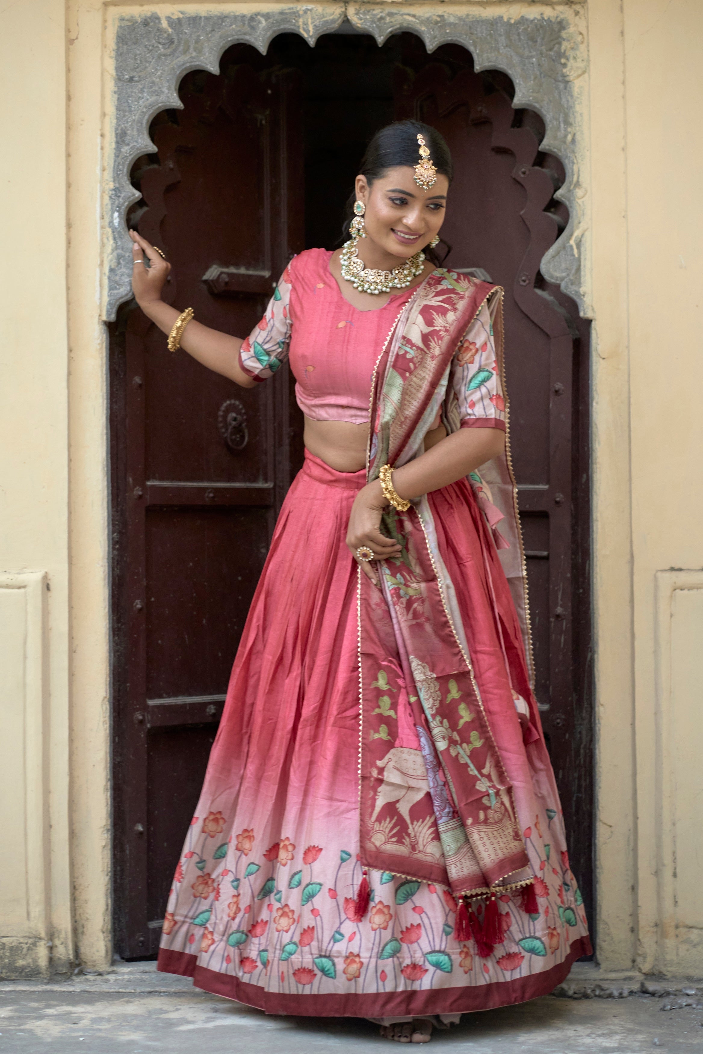 Vedant Vastram Fully Printed Pure Manipuri Silk Lehenga Choli With Blouse & Dupatta - Peach