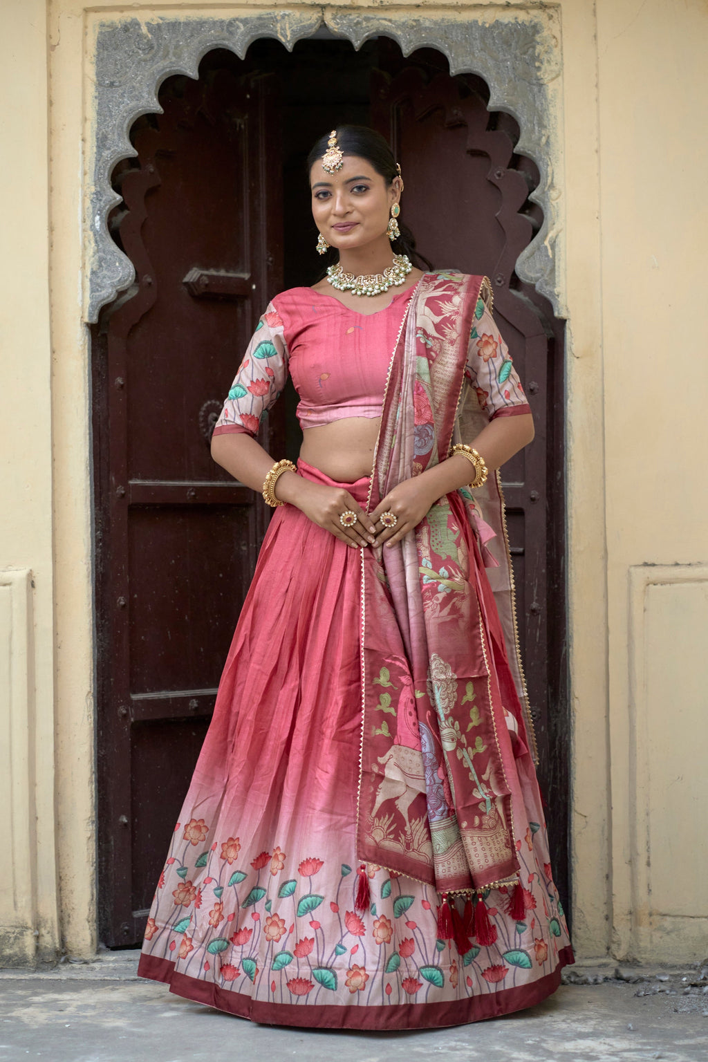 Vedant Vastram Fully Printed Pure Manipuri Silk Lehenga Choli With Blouse & Dupatta - Peach