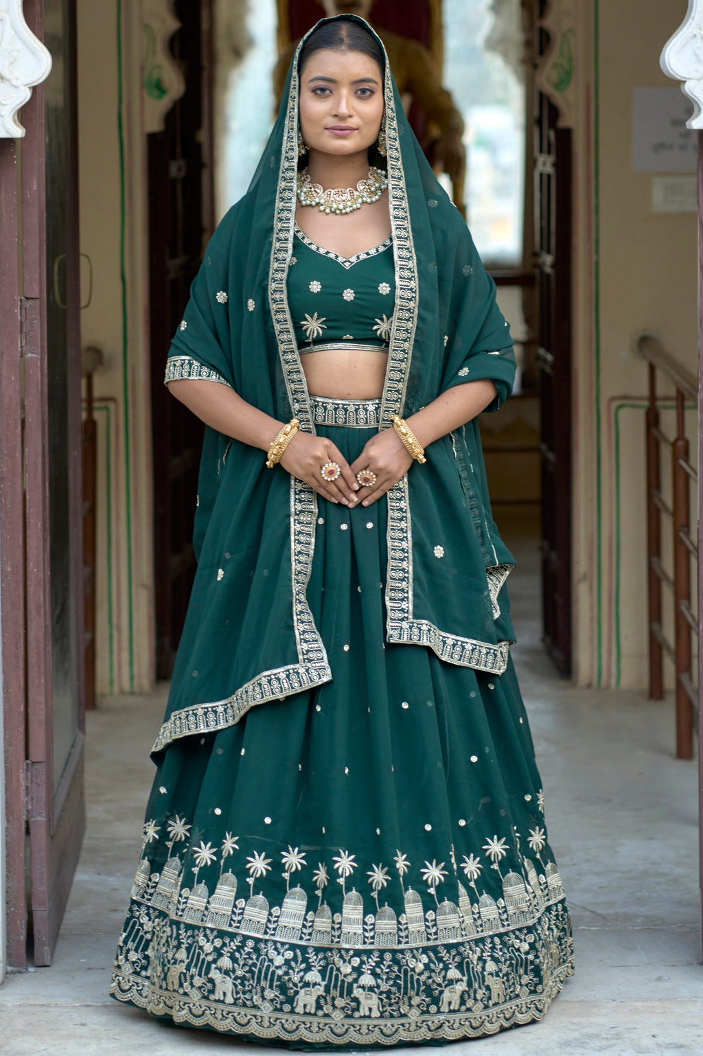 Vedant Vastram Embroidered Heavy Georgette Lehenga Choli With Blouse & Dupatta - Green